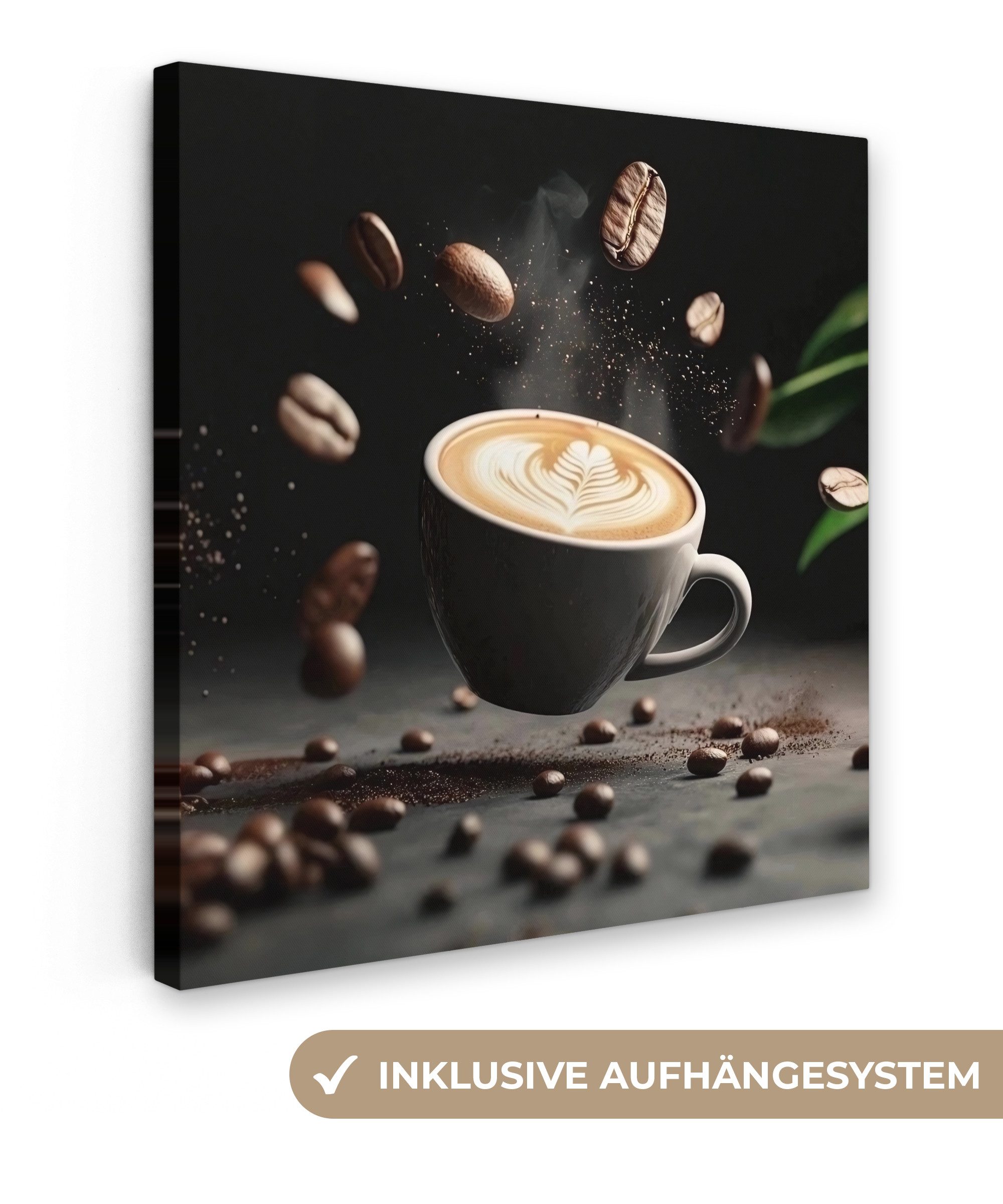 OneMillionCanvasses® Leinwandbild Cappuccino - Tasse - Bohnen - Braun, Foto günstig online kaufen