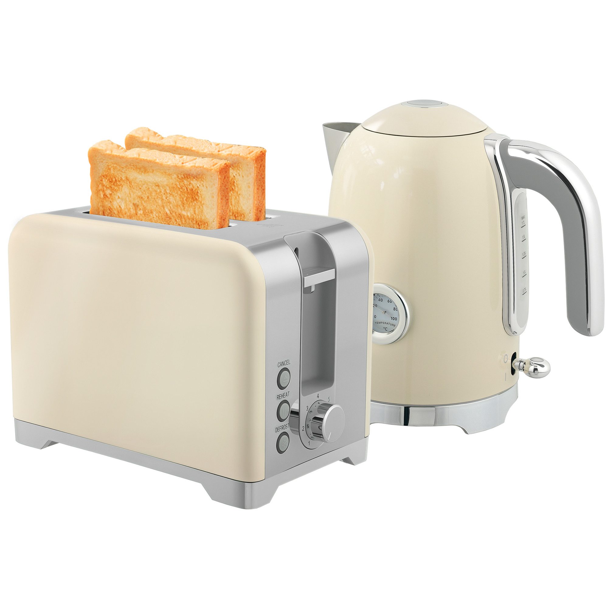 HOMCOM Toaster 1,7 L Wasserkocher mit Otter-Thermostat, Kalkfilter, 2 Schlitze, für 2 Scheiben, 2200 W, mit 7 Bräunungsstufen, Krümelfach, Cremeweiß