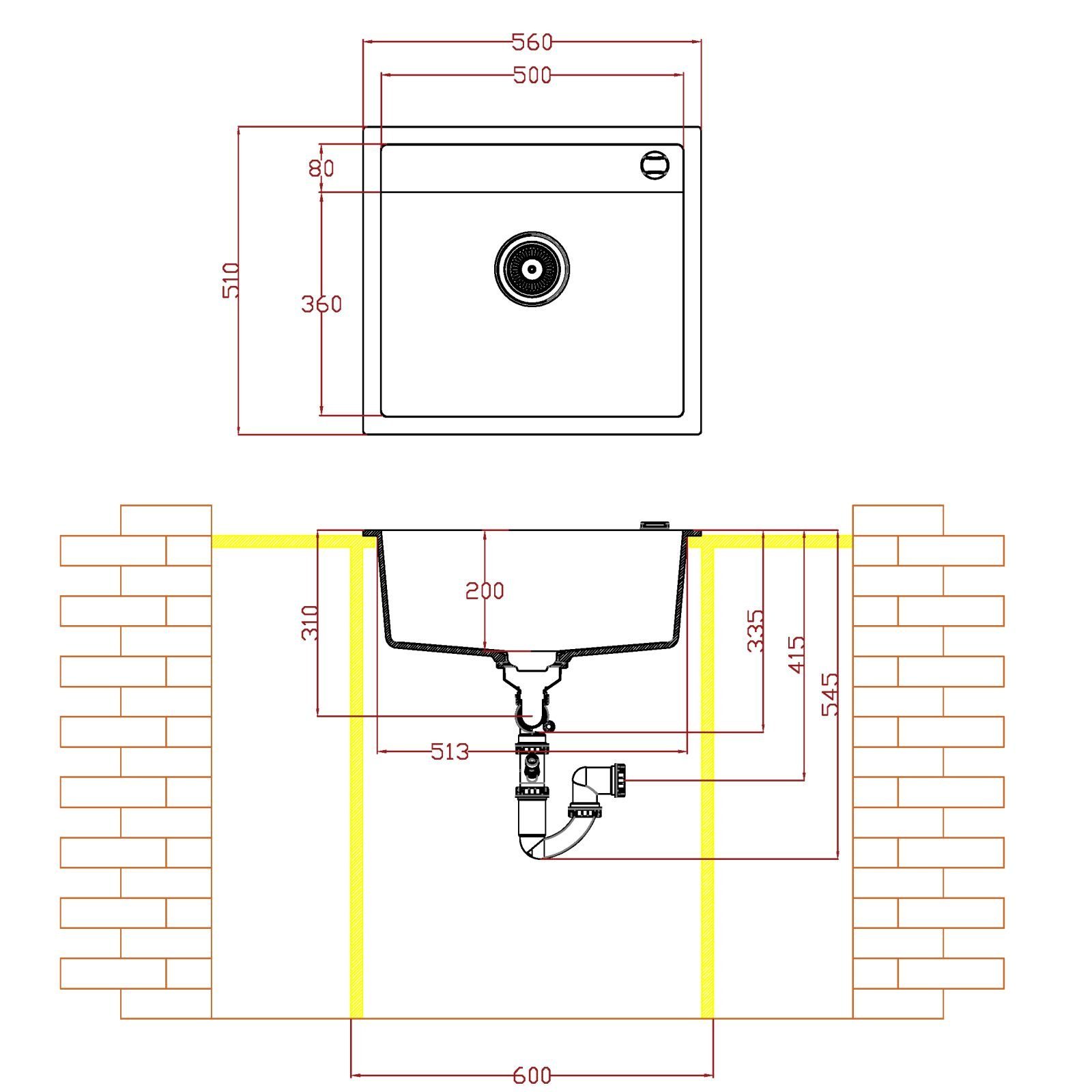 aus mm) Einzelbecken Küchenspüle Siphon, Atlanta (für Einbauspüle tiefschwarz, inkl. 56FE 600 ab Quarz-Komposit SO-TECH® Schrankbreiten