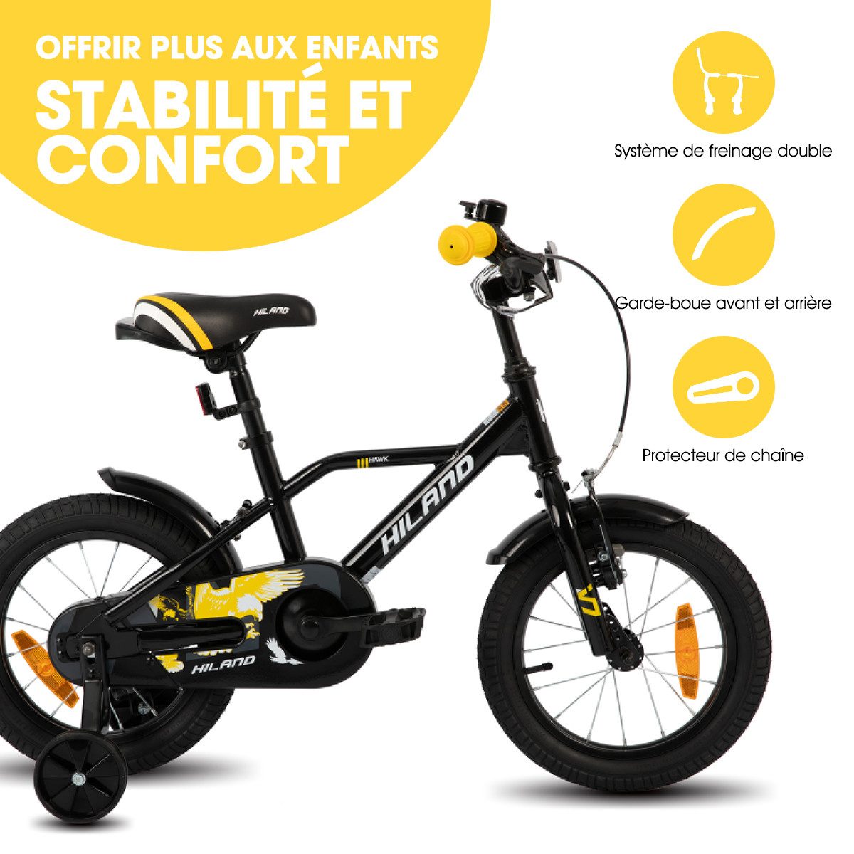 HILAND Kinderfahrrad Hawk 12 14 16 20 Zoll Kinderfahrrad für Jungen 3-10 Jahre, mit Stützrädern, V Bremseund Rücktrittbremse, Hilfsrad, Kotflügel