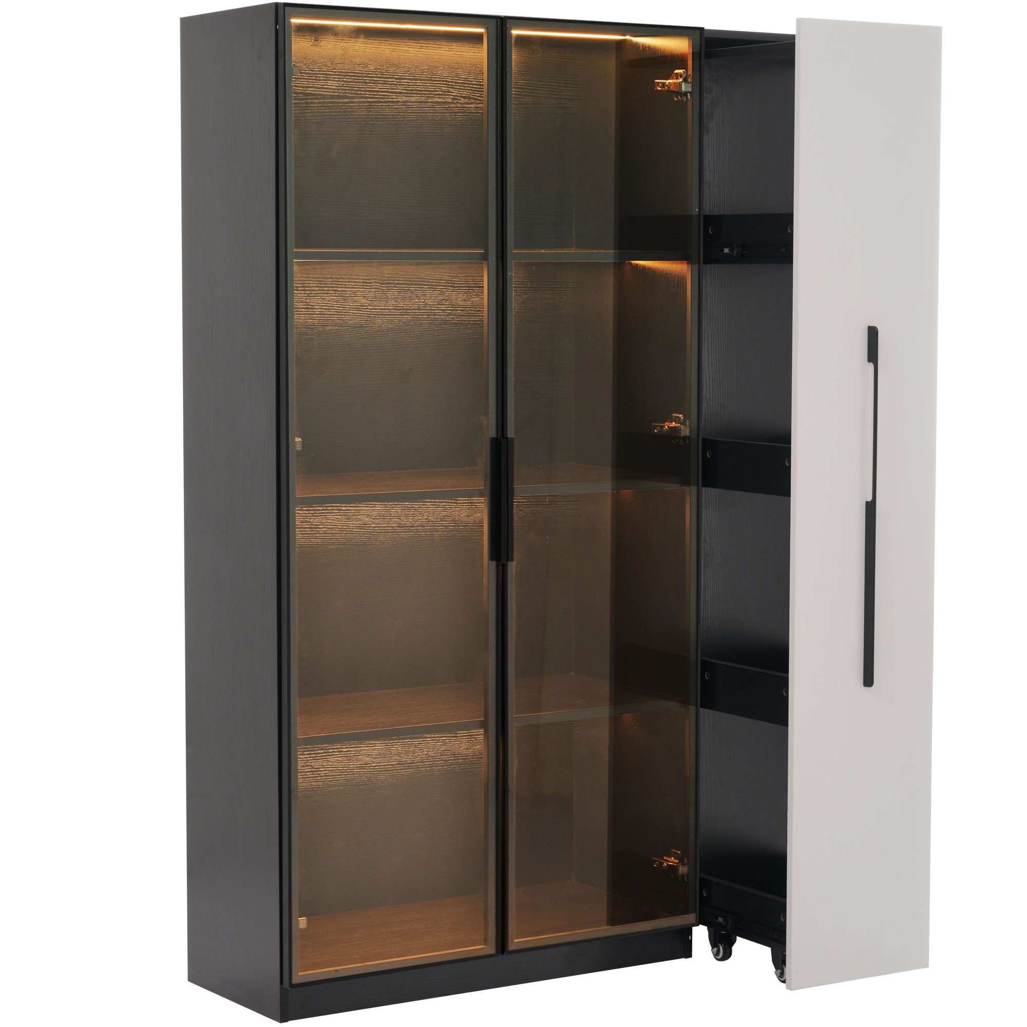 Merax Glasvitrine (2-in-1-Design Multifunktionsschrank Vitrinenschrank, 1-St., 110.5x35x160cm) LED-Vitrine mit Glastür & seitlichem Rollregal,Hochschrank Bücherregal
