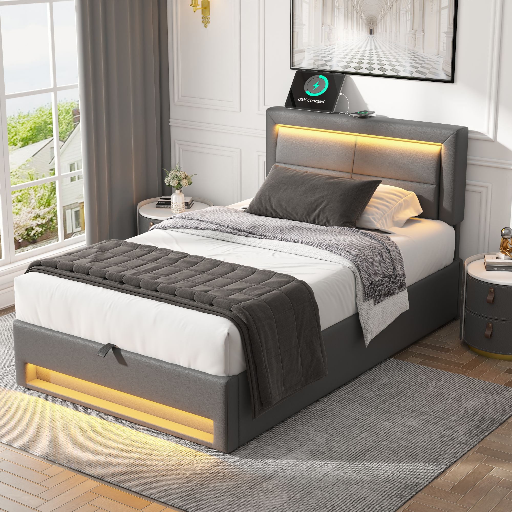 MODFU Polsterbett mit LED-Beleuchtung, USB-Anschluss und günstig online kaufen