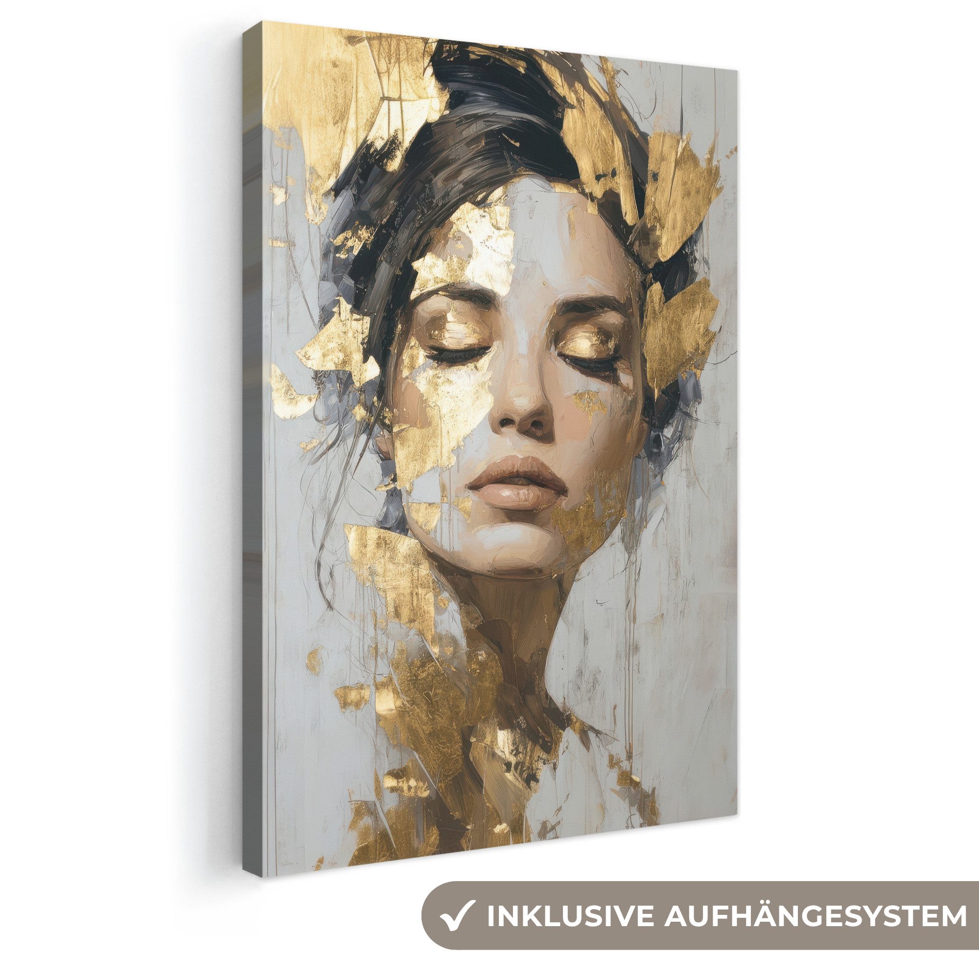 OneMillionCanvasses® Leinwandbild Geschmückt - Frau - Gold - Augen, Fotodruck (1 St), Leinwand Canvas Wandbild, Wanddekoration 20x30 cm