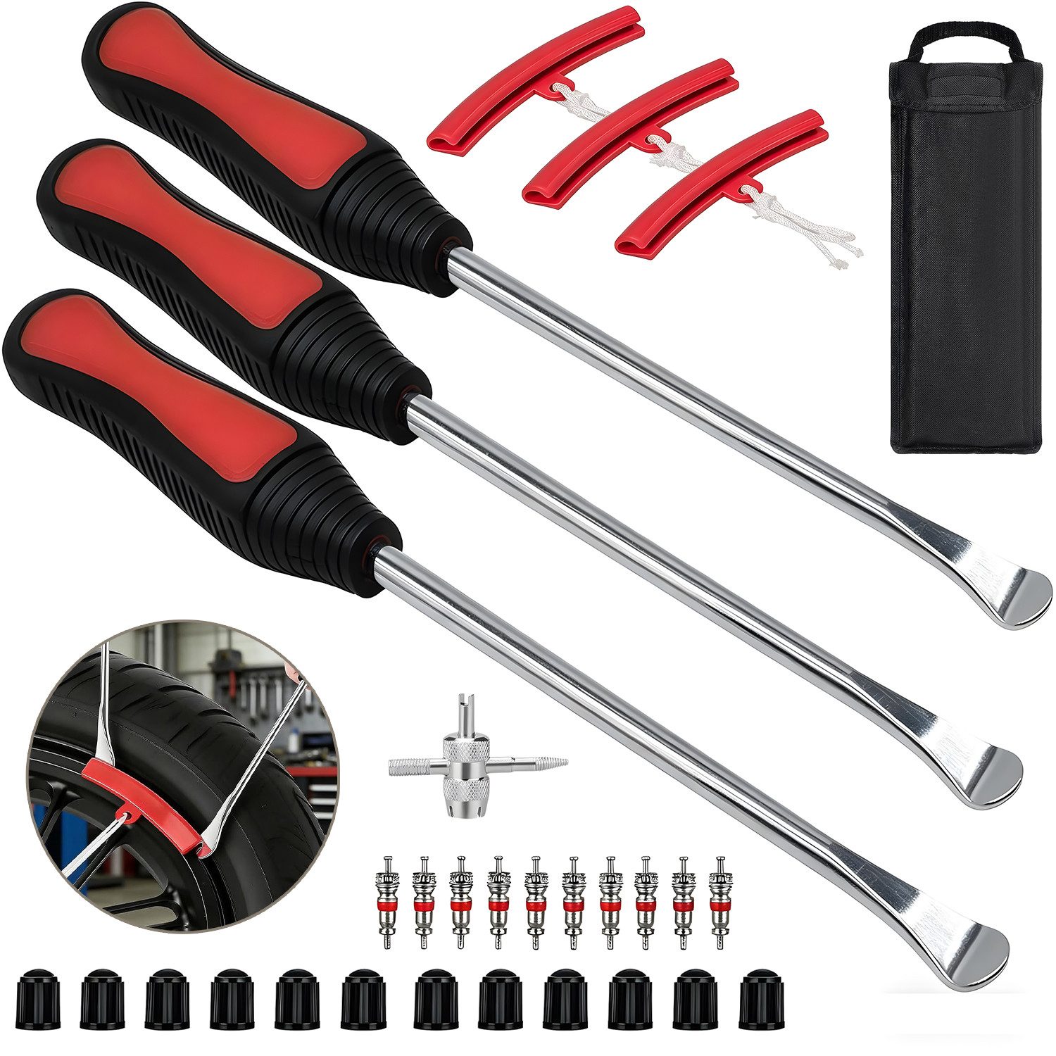 SURFOU Reifenmontierhilfe 29 Stück Reifenmontage-Set Montiereisen Reifen Werkzeug, mit Felgenschutz & Rutschfesten Griffen, Ventile, Ventilkernschlüssel & Tragtasche inklusive, für Motorrad, Fahrrad und Scooter Reifenmontage Werkzeug