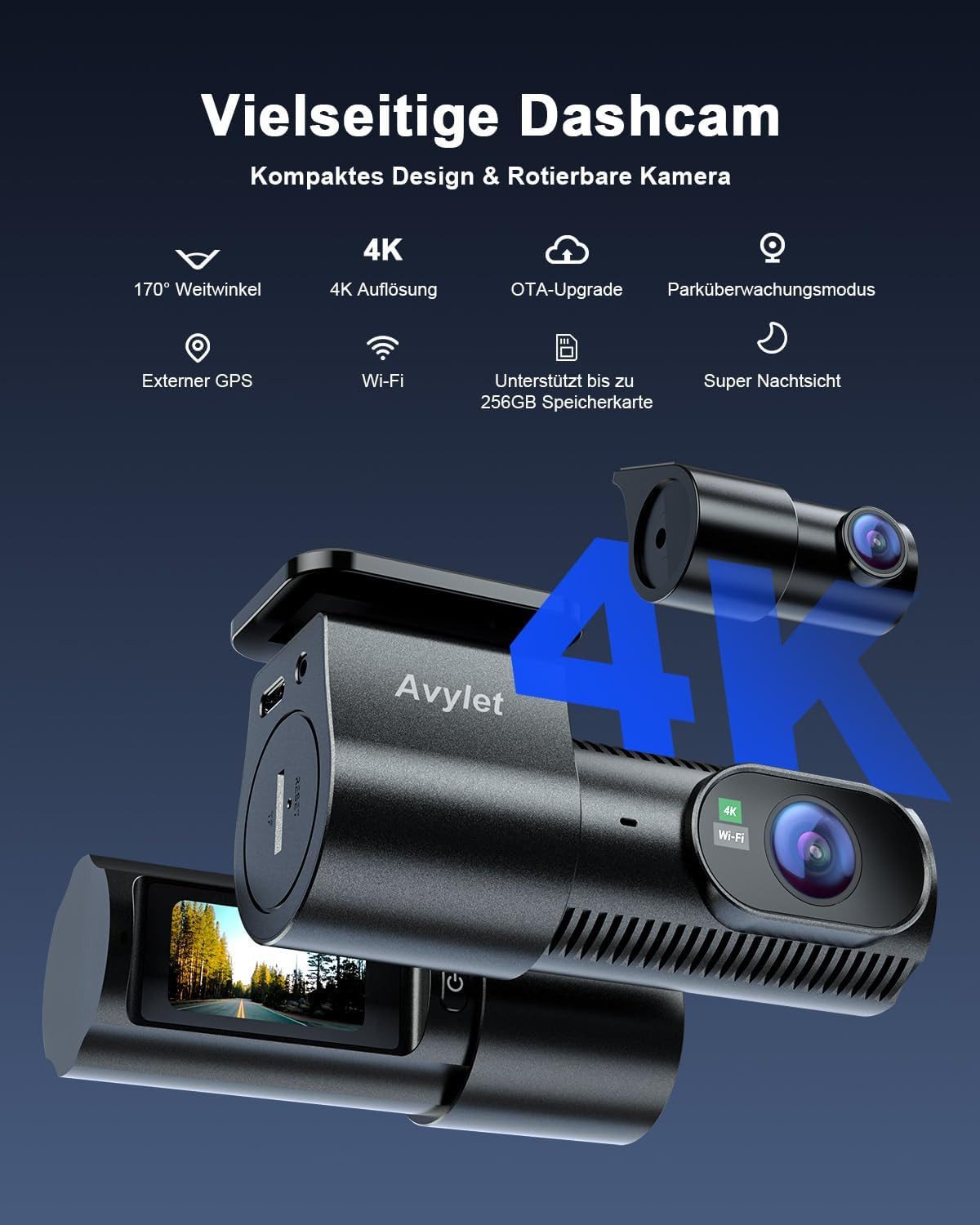 TWUFY Dashcam Auto,2 Channel 1.5" IPS-Bildschirm,mit GPS,WiFi,Auto kamera Dashcam (4K + 1080P HD, WLAN (Wi-Fi), G-Sensor, 170°Weitwinkel WDR,Loop-Aufnahme,Parküberwachung, G-Sensor,Super Nachtsicht)