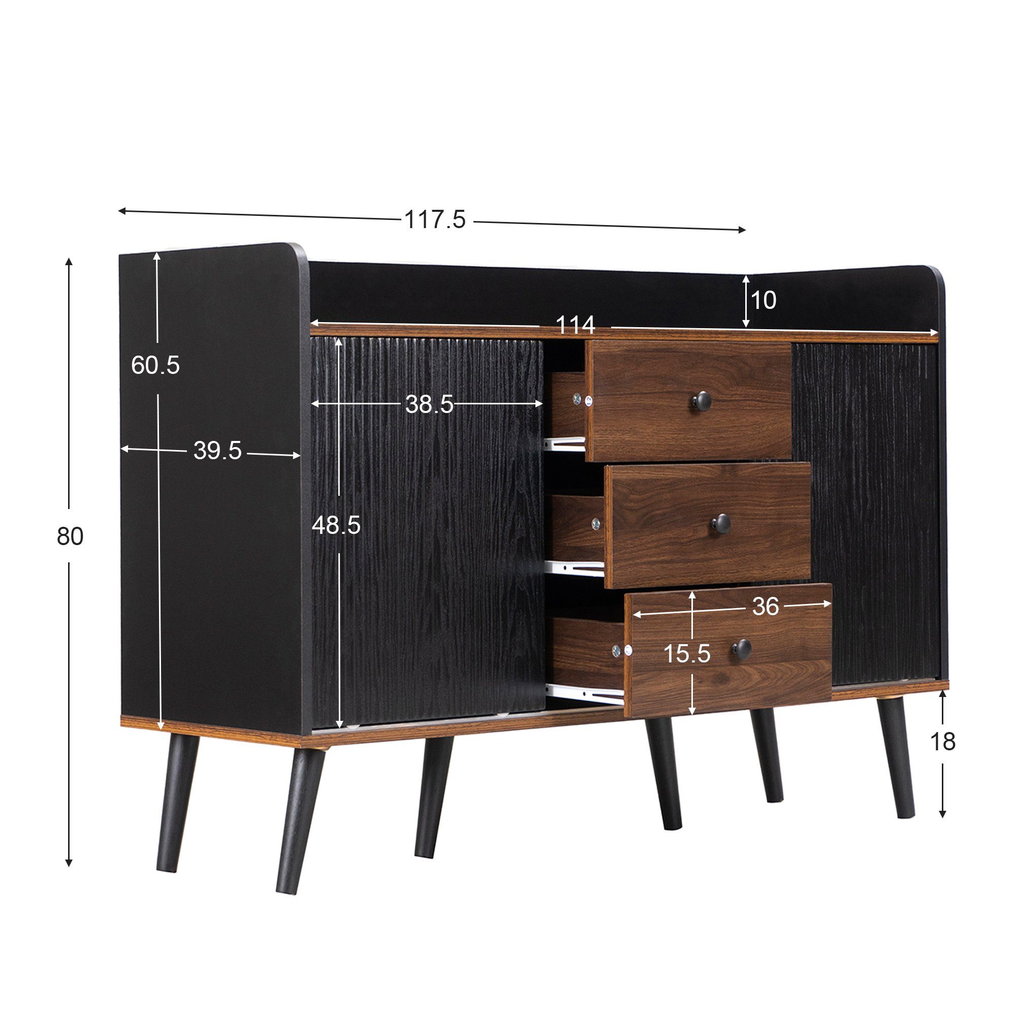 KLAM HOME Sideboard (für mit Schlafzimmer Wohnzimmer), x drei 2 und 118 3 und 40 Schubladen Schubladen Kommode x moderne 80cm mit schwarz/holz Schiebetüren