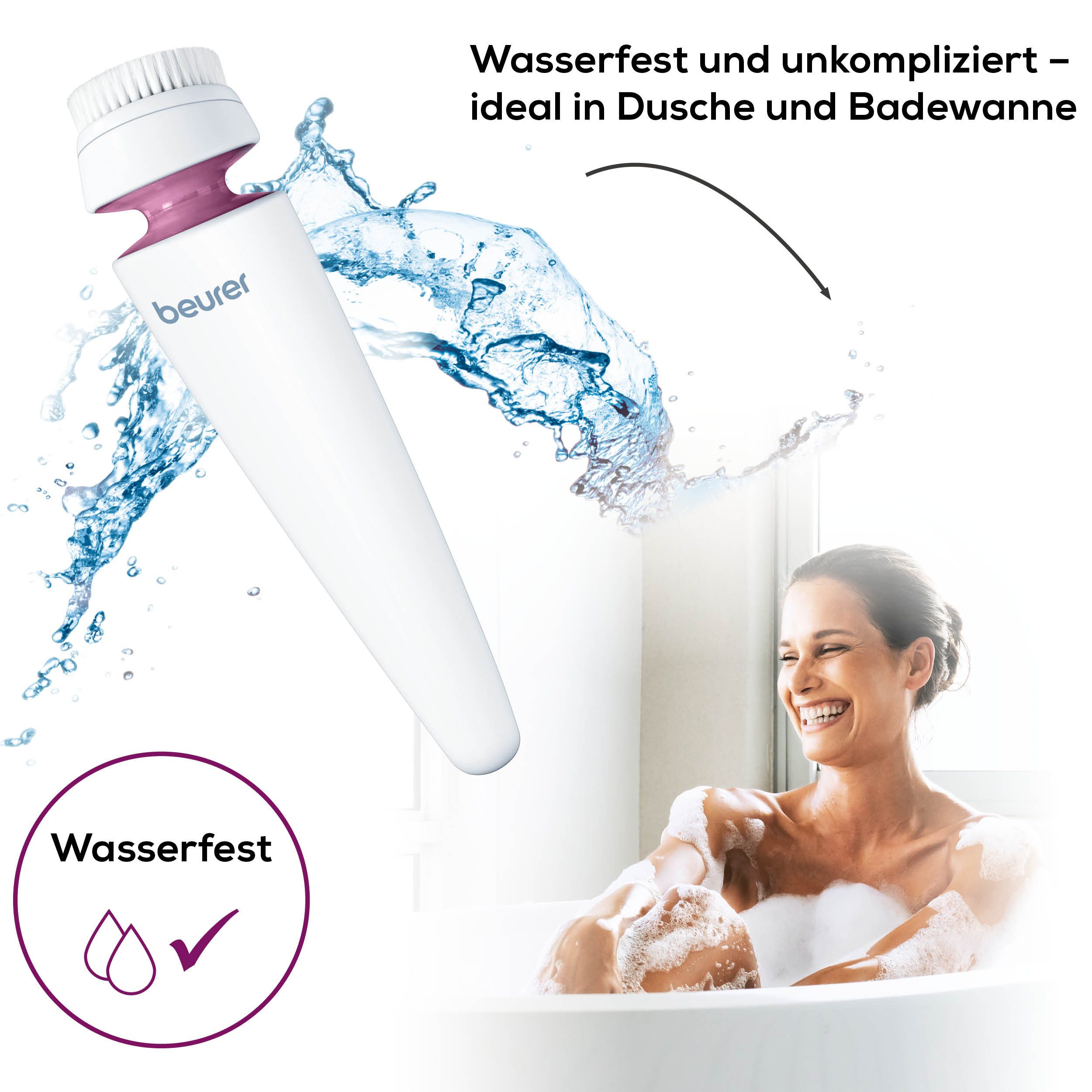BEURER Elektrische Gesichtsreinigungsbürste FC 95 für eine gründliche und sanfte Gesichtsreinigung, wasserfest, Mit 2 Intensitätsstufen und 4 Bürstenaufsätzen für jeden Hauttyp lila|weiß