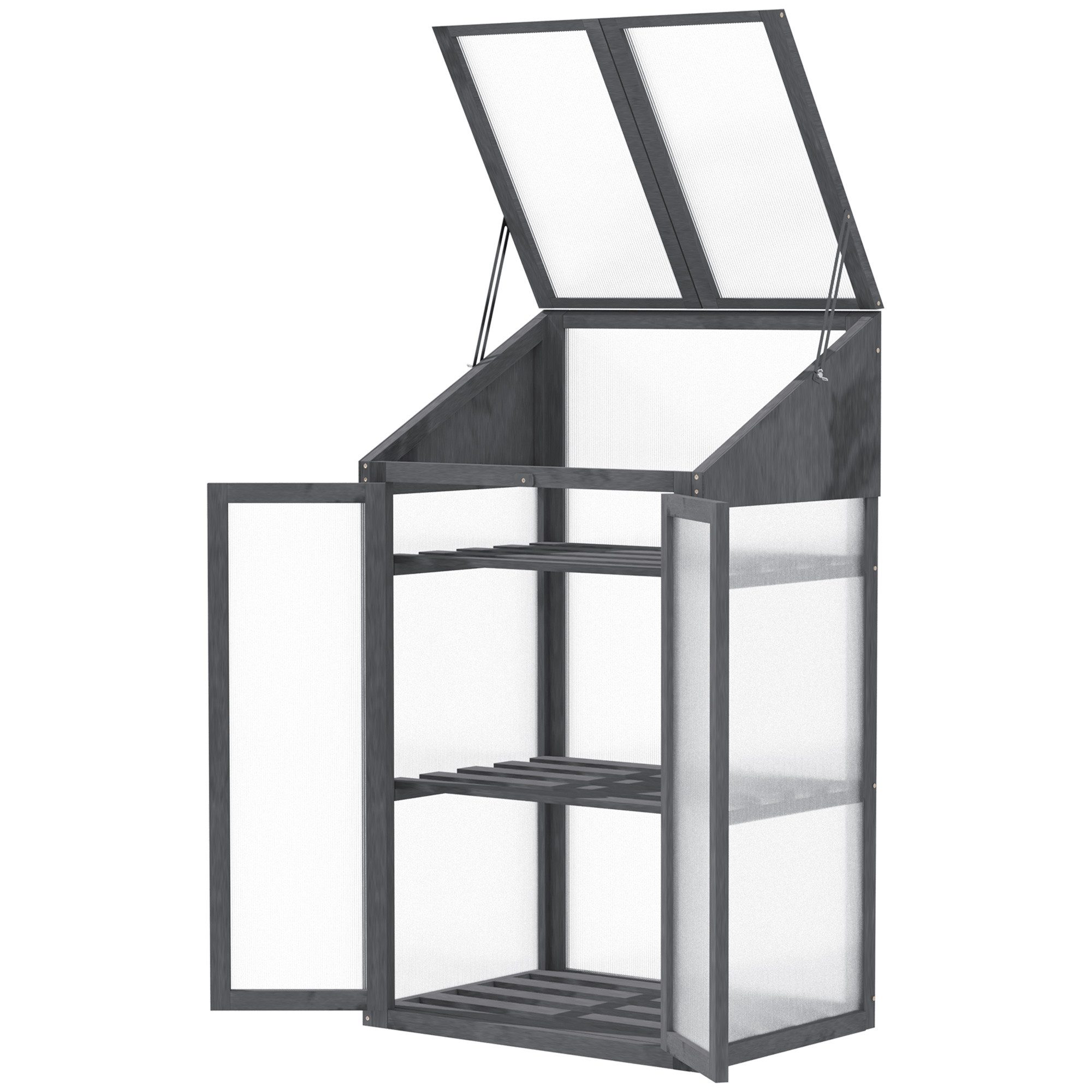 furnicato Hochbeet Mini-Gewächshaus 70L x 50B x 120H cm Grau, Pflanzenhaus aus Massivholz mit 3 Regalen und Polycarbonat-Platten