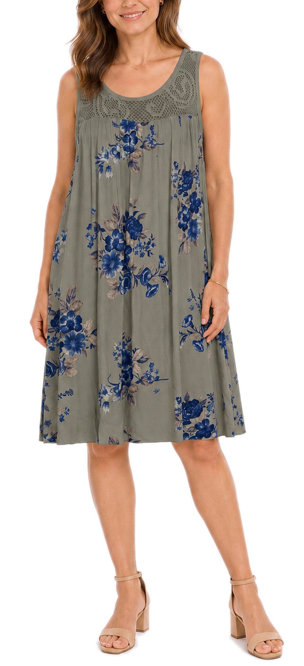 dy_mode Midikleid Damen Sommerkleid Blumenmuster Midi Kleid Strandkleid knielang Knielang, Transparente Häkel-Einsatz im Dekolleté- und Rückenbereich