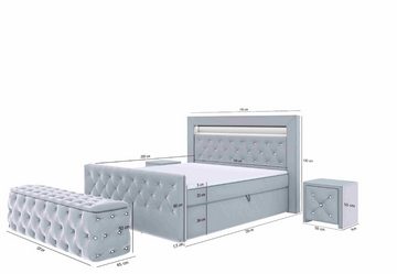 Furnix Schlafzimmer-Set Boxspringbett-Set Lizza mit Hocker und Nachttisch 120/140/160/180x200, dekorative Knöpfungen, üppige Polsterung, Glasplatte