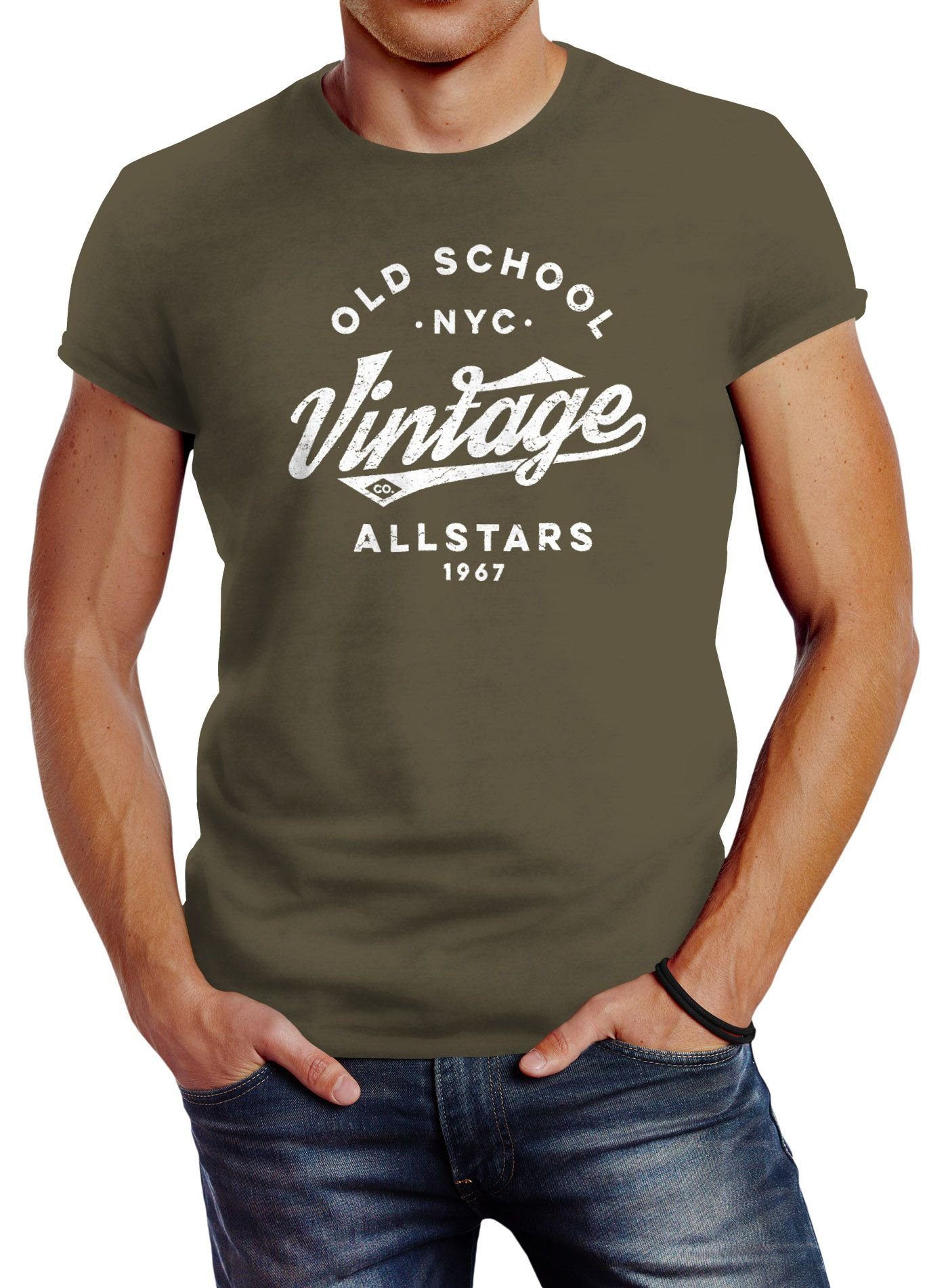Neverless® Streetstyle grün Neverless Oldschool Style Fashion Print-Shirt Herren Allstars College Print Schriftzug mit Vintage T-Shirt