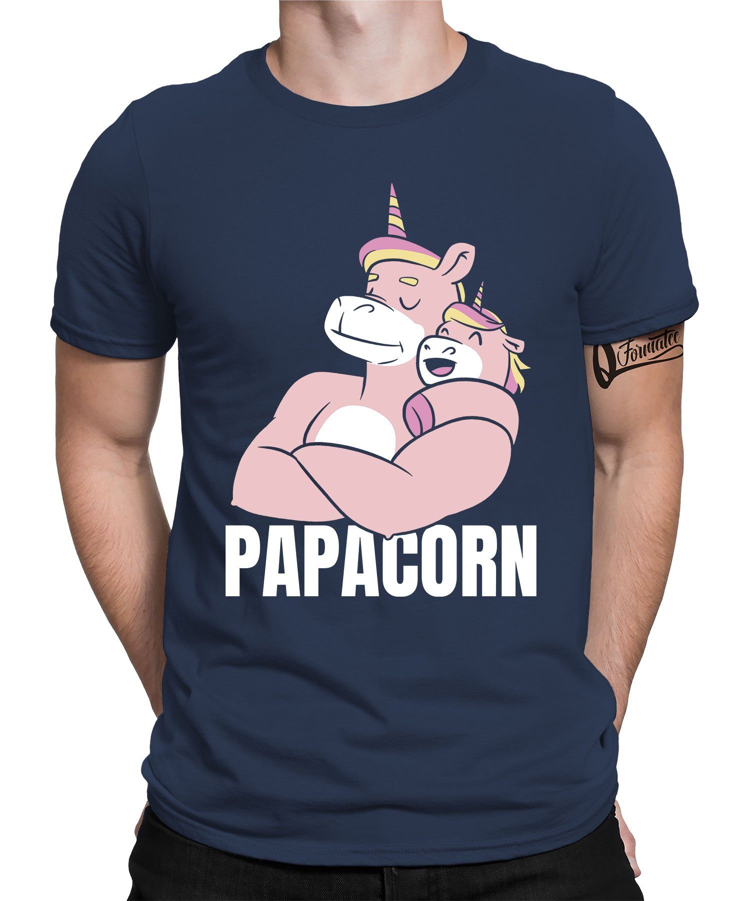 Quattro Formatee Kurzarmshirt Papacorn - Blau T-Shirt (1-tlg) Vater Herren Vatertag Navy Papa