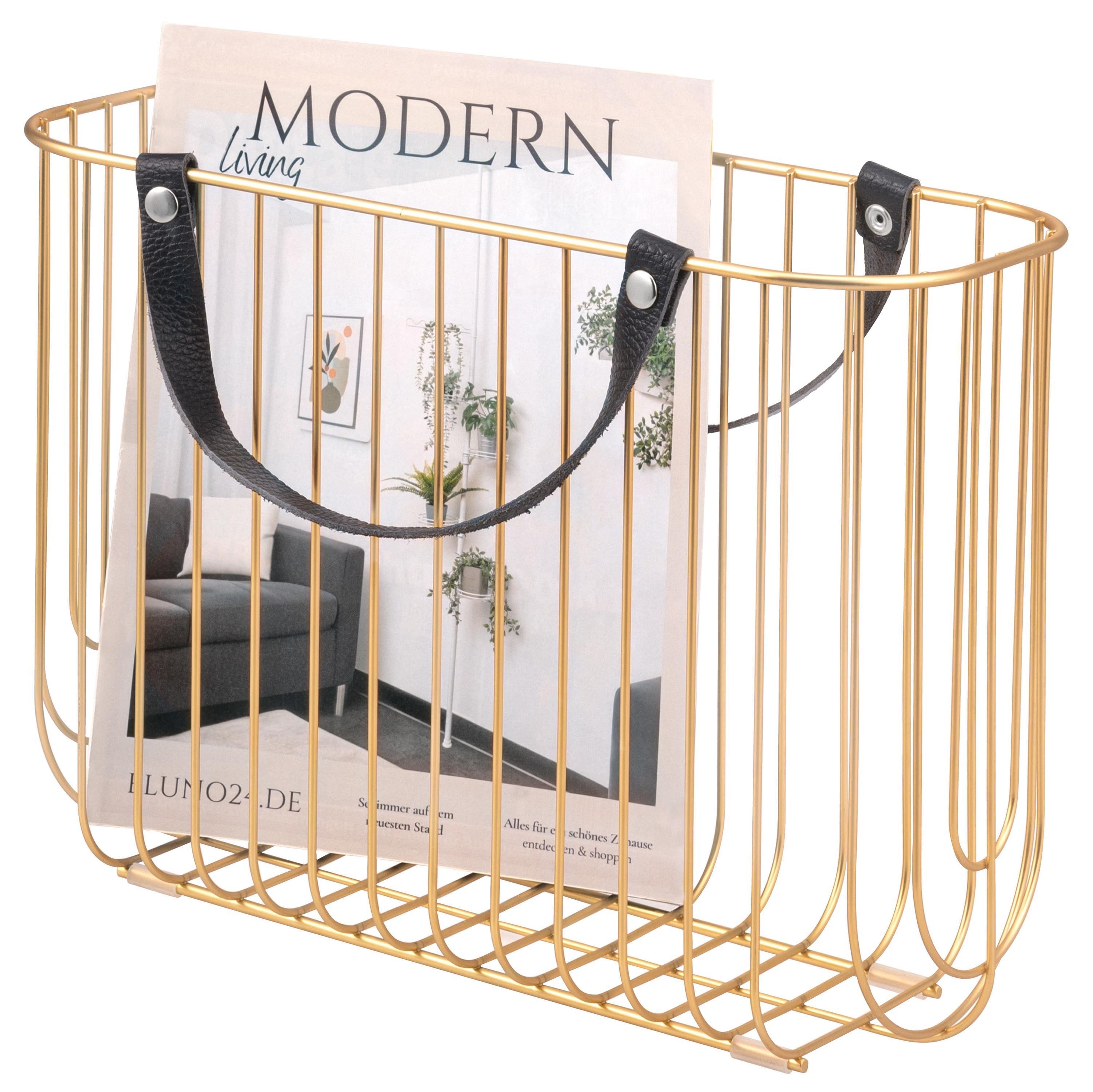 eluno Zeitungsständer aus Metall mit Tragegriffen aus Leder, gold
