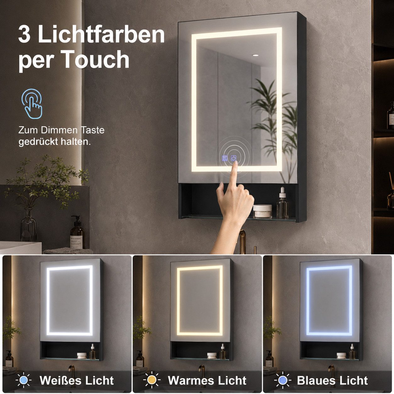 Simurq Badezimmerspiegelschrank Spiegelschrank Bad Mit LED, Offenes Regalen, Wandschrank Hängeschrank (Set, Spiegelschrank Mit LED Beleuchtung, 3 Farbtemperatur – Bild 3 von 5