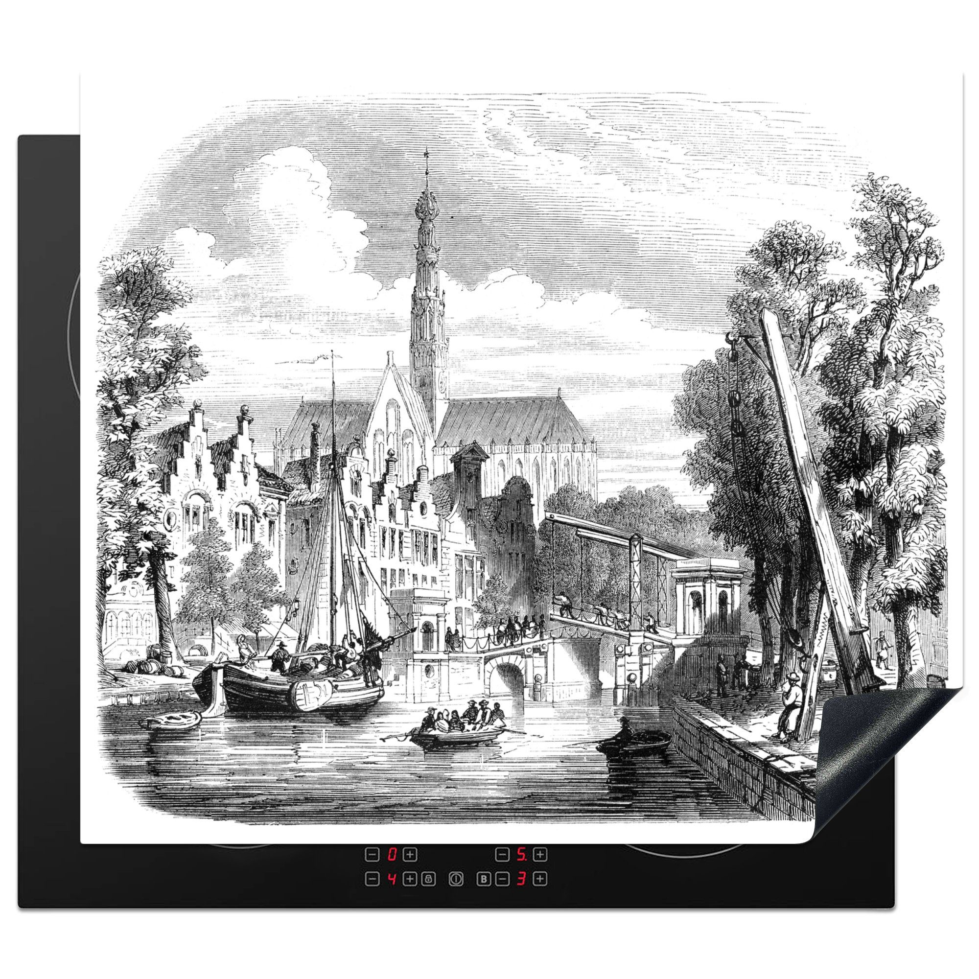 MuchoWow Herdblende-/Abdeckplatte Schwarz-Weiß-Illustration von Haarlem unter einem bewölkten Himmel, Vinyl, (1 tlg), 60x52 cm, Mobile Arbeitsfläche nutzbar, Ceranfeldabdeckung