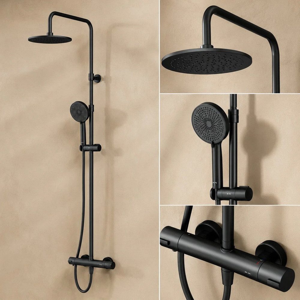 AM.PM Duschsystem PLAY mit Thermostat Ø 25 cm Regendusche & Handbrause Duscharmatur, Höhe 146 cm, 5 Strahlart(en), Brause Dusch-Komplettset mit Duschsäule, Air-In Technologie, Dusche Brauseset Anti-Kalk Schwarz, Duschset Kopfbrause & Handdusche mit Antikalk-Duschkopf