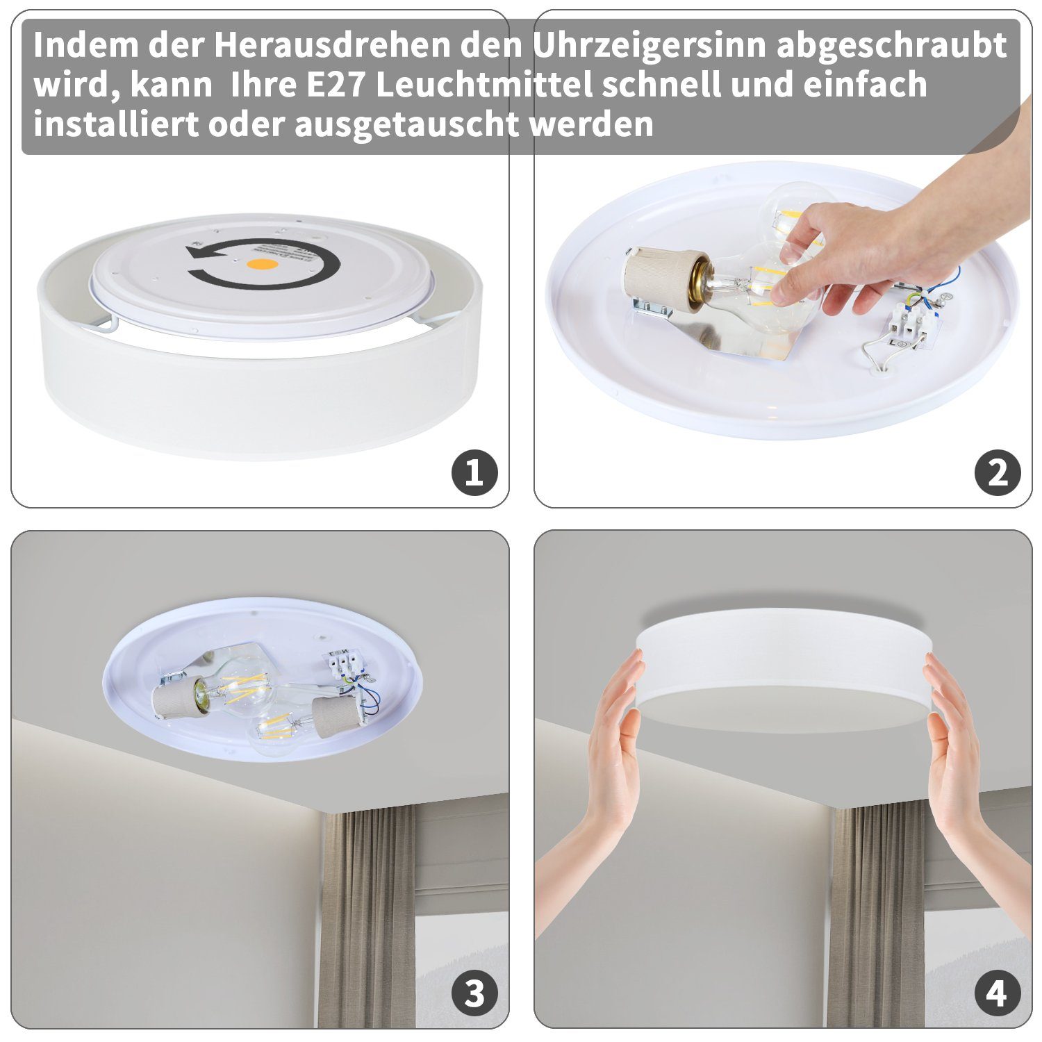 Weiß E27 LED 2 Deckenleuchte Runde Stoff, Nettlife Glühbirnen wechselbar