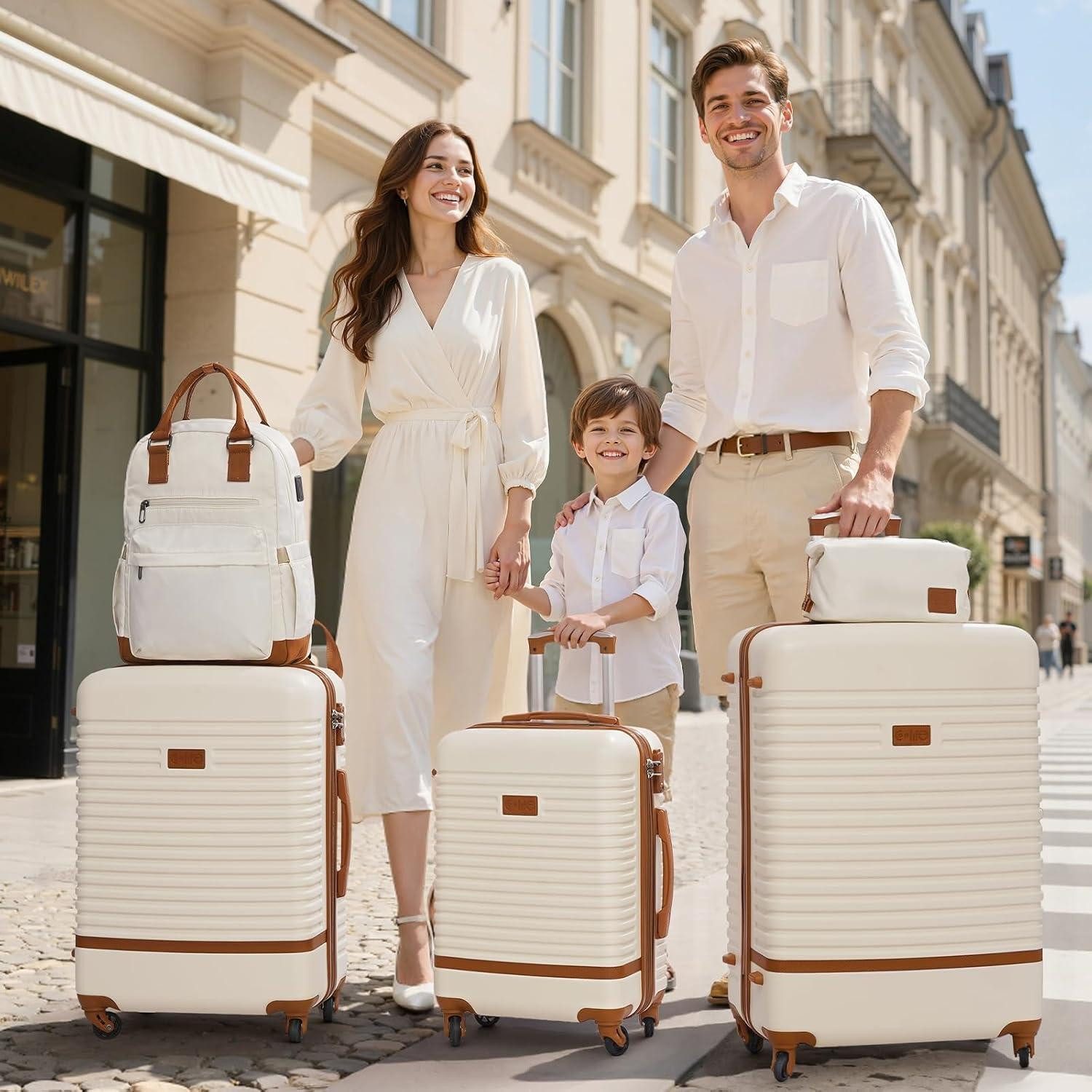 LuxusKollektion Kofferset Koffer-Set 5tlg ABS Hartschale 4 Rollen TSA-Schloss Weiß/Braun