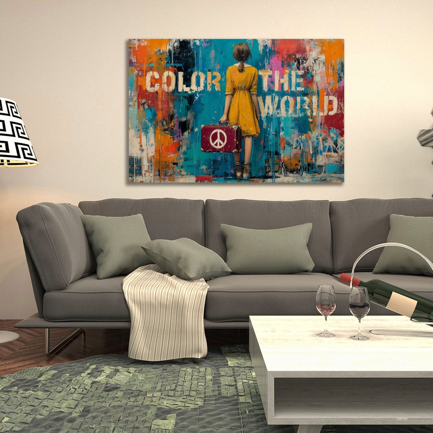 Artedinoi Leinwandbild Mädchen mit Koffer Peace Zeichen Wandbild Leinwandbild Kunstdruck XL D, Mädchen mit Koffer, Peace-Zeichen