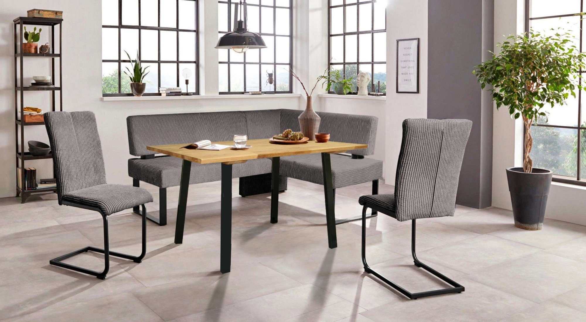 OTTO home Eckbankgruppe Oliver, (Set, 4-tlg., 4-tlg), Eckbank mit Wellenunterfederung im Sitz, Tisch Massiv Eiche