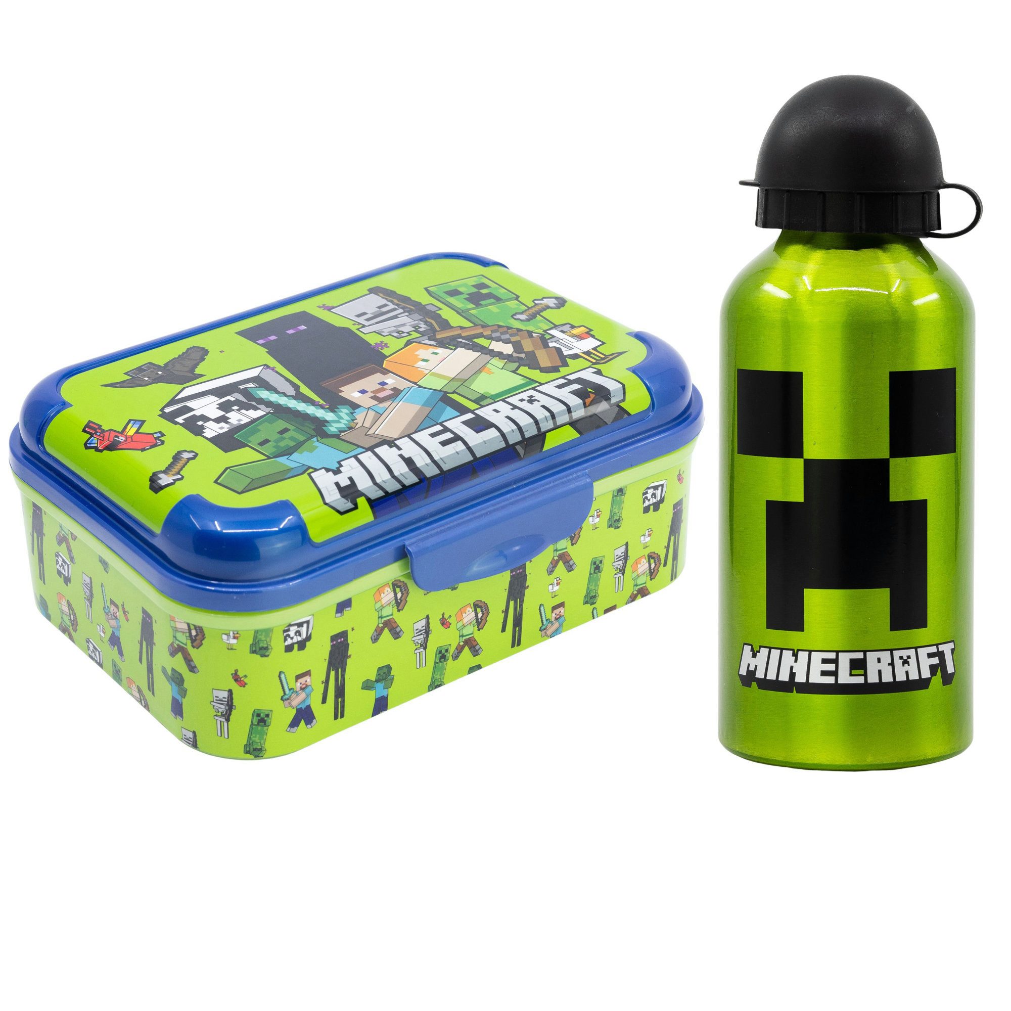 Minecraft Lunchbox Minecraft Steve Creeper Kinder 2 tlg.Set Brotdose Alu-Trinkflasche, (2-tlg., Spar-Set)