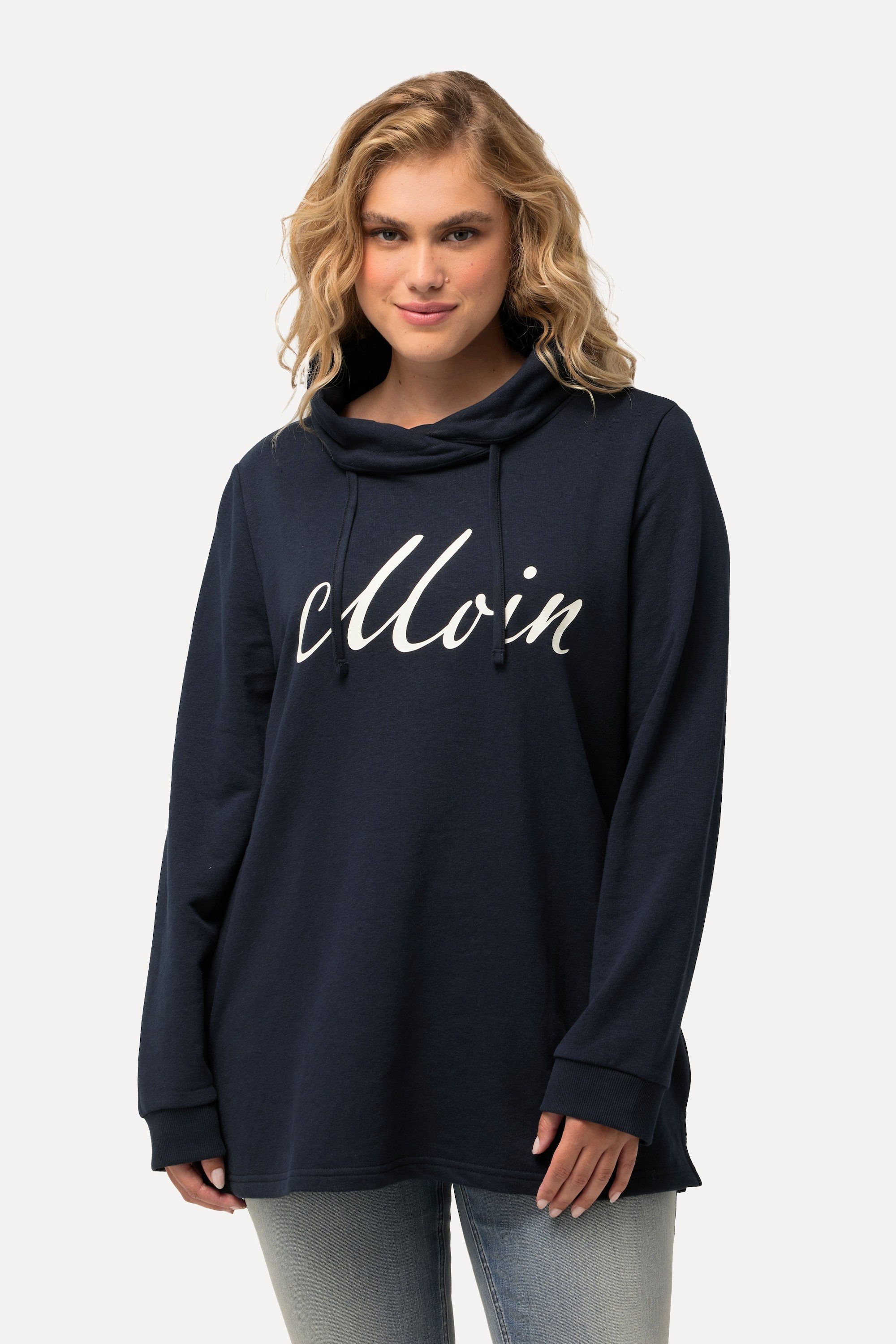 Ulla Popken Sweatshirt Sweatshirt Grußmotiv Stehkragen Langarm marine