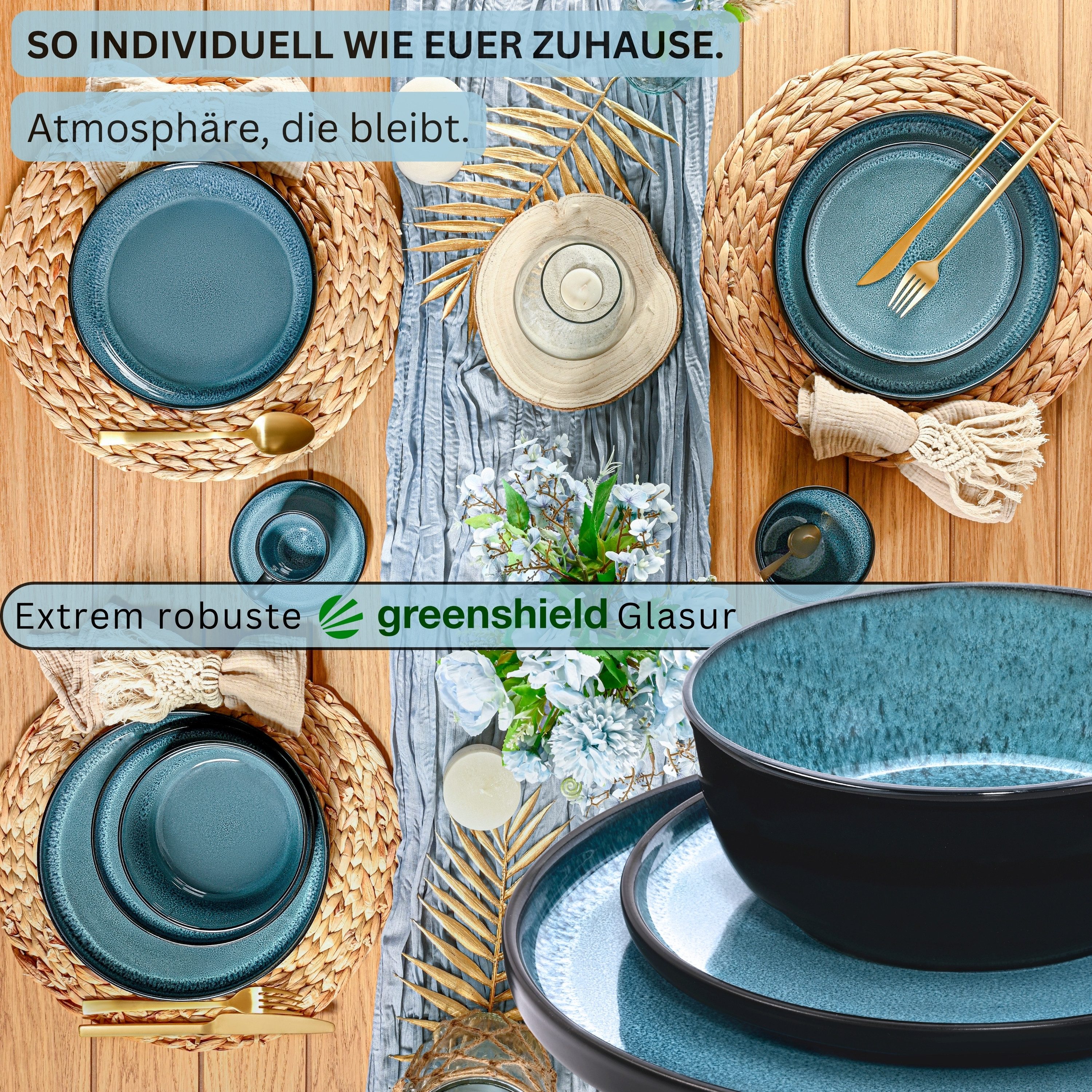 SÄNGER Tafelservice Vigo, Blau mit schwarzem Rand (18-tlg), 6 Personen, Steingut, Handmade, Erweiterbar, VALUE COLLECTION