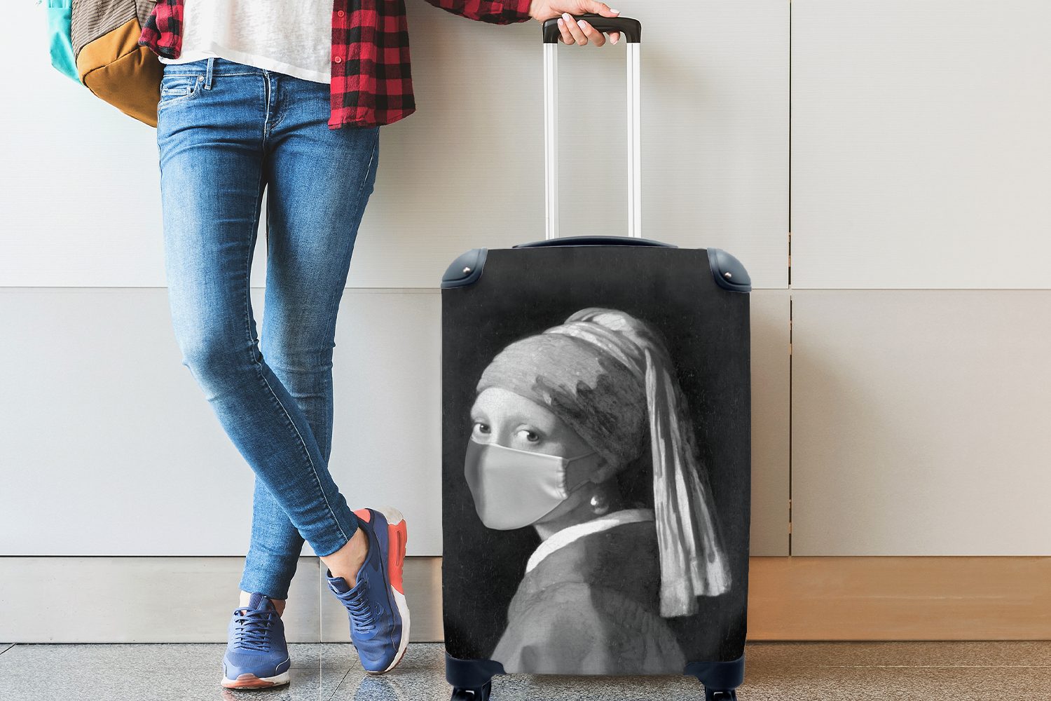 MuchoWow Handgepäckkoffer Das Mädchen mit Mundhaube Gemälde mit 4 für Trolley, und von, Perlenohrring rosa - der Ferien, Handgepäck rollen, Reisekoffer dem Reisetasche Rollen
