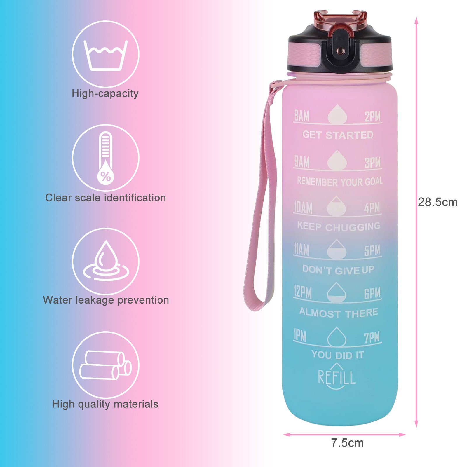 CALIYO Trinkflasche Trinkflasche BPA-Frei, Erinnerung 1L Zeitmarkierungen Auslaufsicher Kostenlose Krüge Die Sport mit Rosa-Blau Wasserflasche, an Trinkzeit