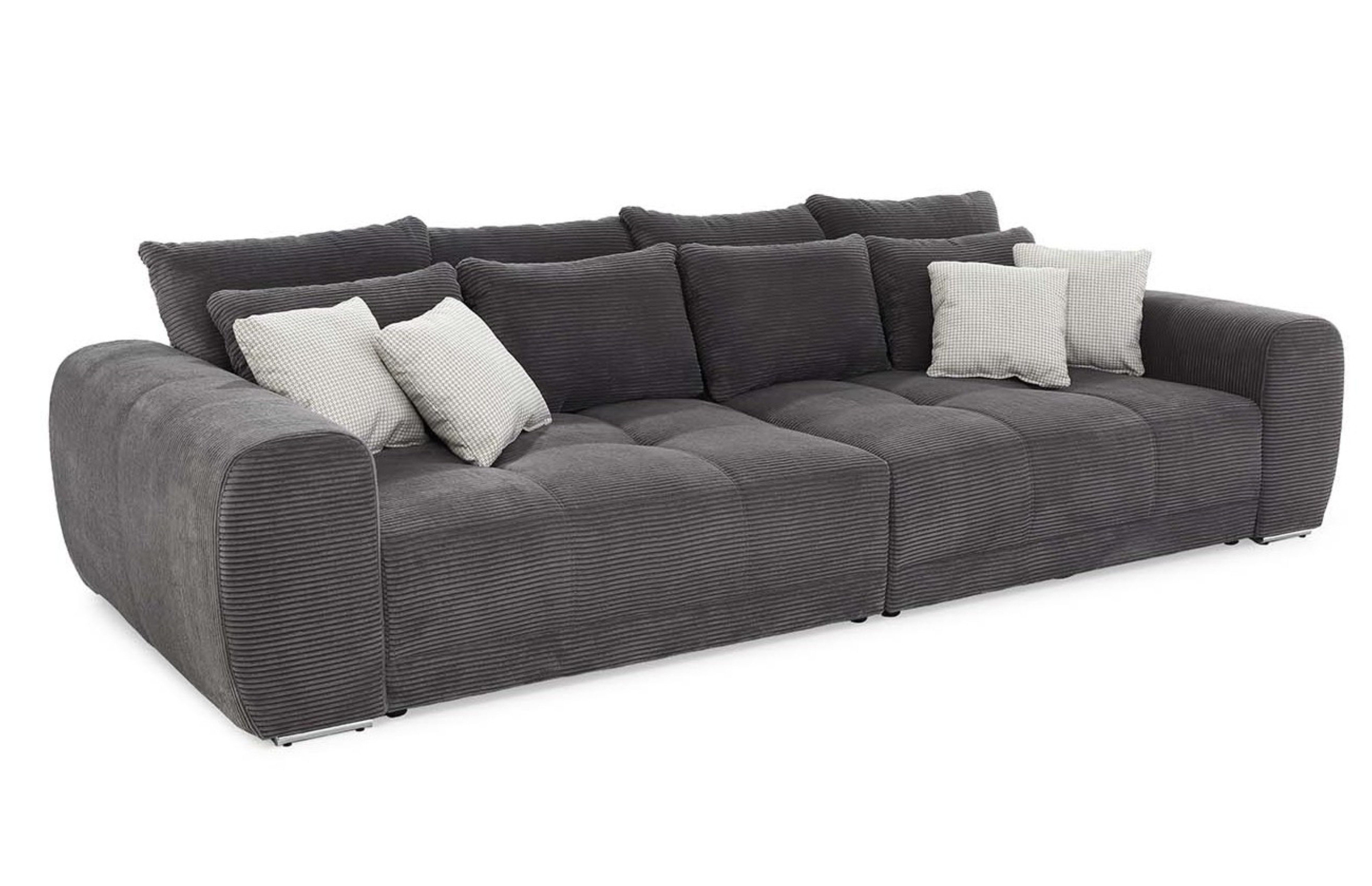 luma-home Big-Sofa 15171, XXL-Couch B306/T134/H86 cm, Liegefläche 120x240 cm mit Federkernpolsterung, viele Kissen, markante Steppungen, Cordstoff Grau Anthrazit