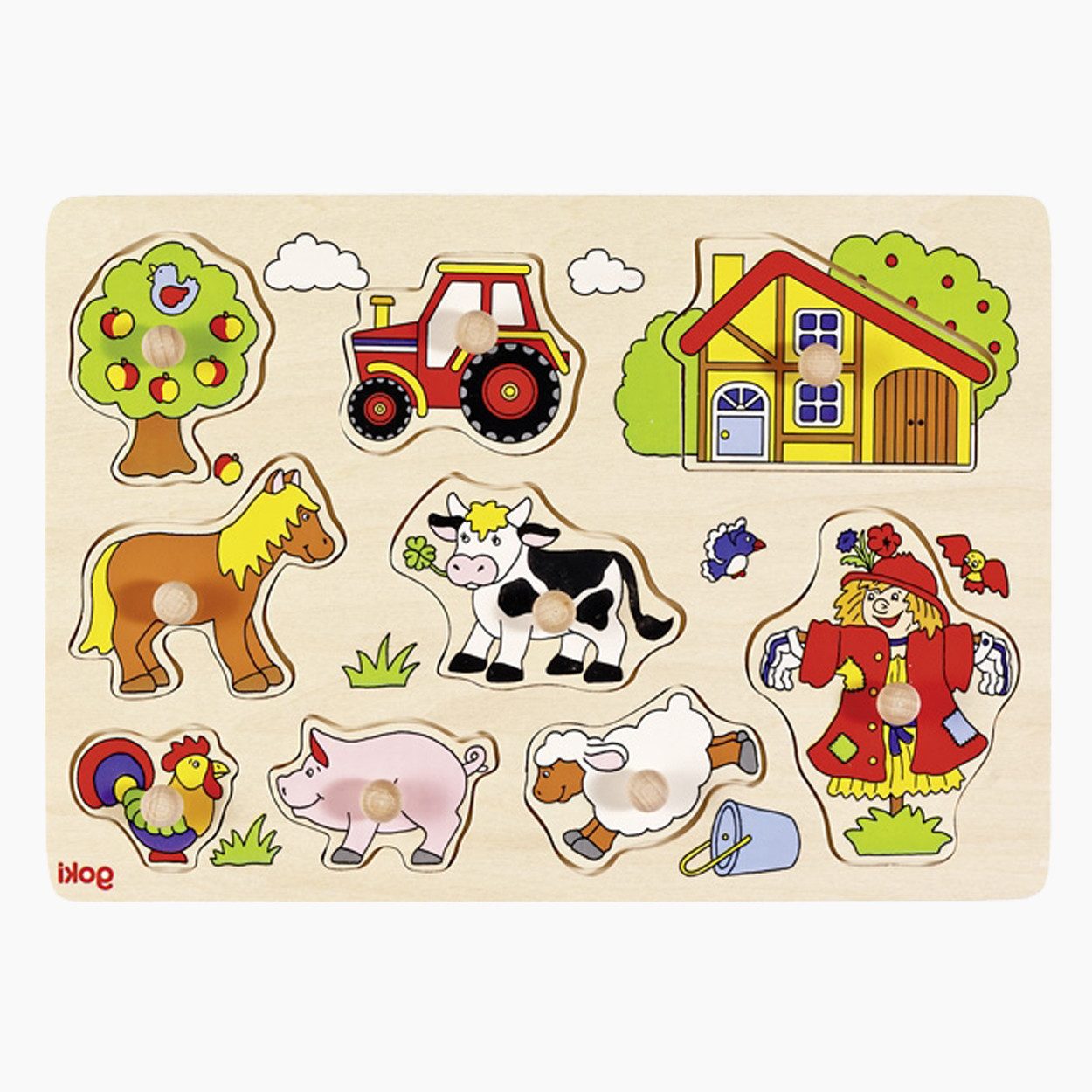 goki Steckpuzzle Steckpuzzle Bauernhof 6, 9 Puzzleteile, Holzknöpfe sind ideal für kleine Kinderhände