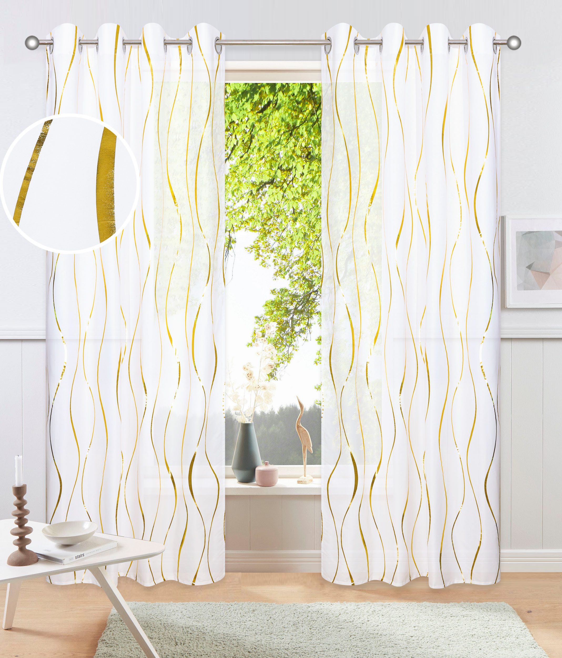 OTTO home Gardine Quinnton (2 St), Ösen, halbtransparent, Polyester, Metallic-Akzente, Gardine, mittelleichter Stoff, halbtransparent