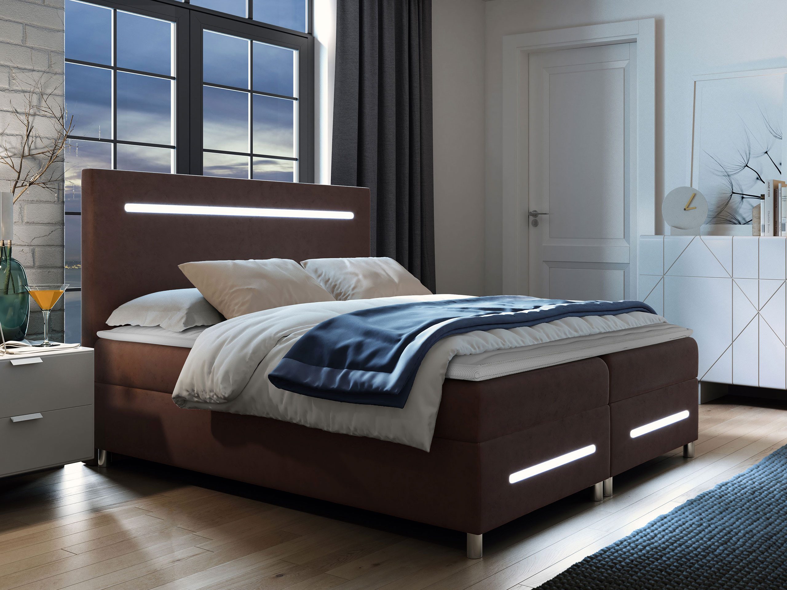 MIRJAN24 Boxspringbett Enter LED (mit Hauptmatratze, Topper und LED-Beleuchtung), Doppelbett mit zwei Bettkästen für die Bettwäsche