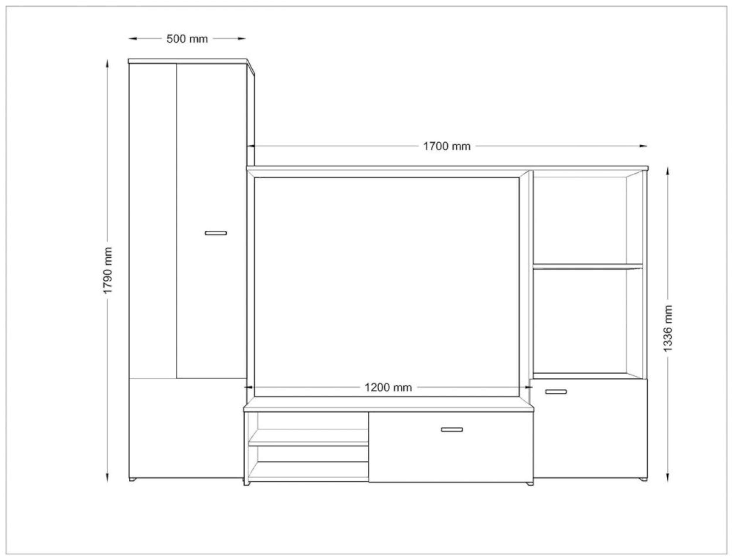 Sonoma Design viel (Set Wohnzimmer-Set), aus Modern (3-St), 1xLowboard, bestehend Stauraum, und Stylefy 1xStandvitrine, Wohnwand 1xRegalschrank Eiche Daff,