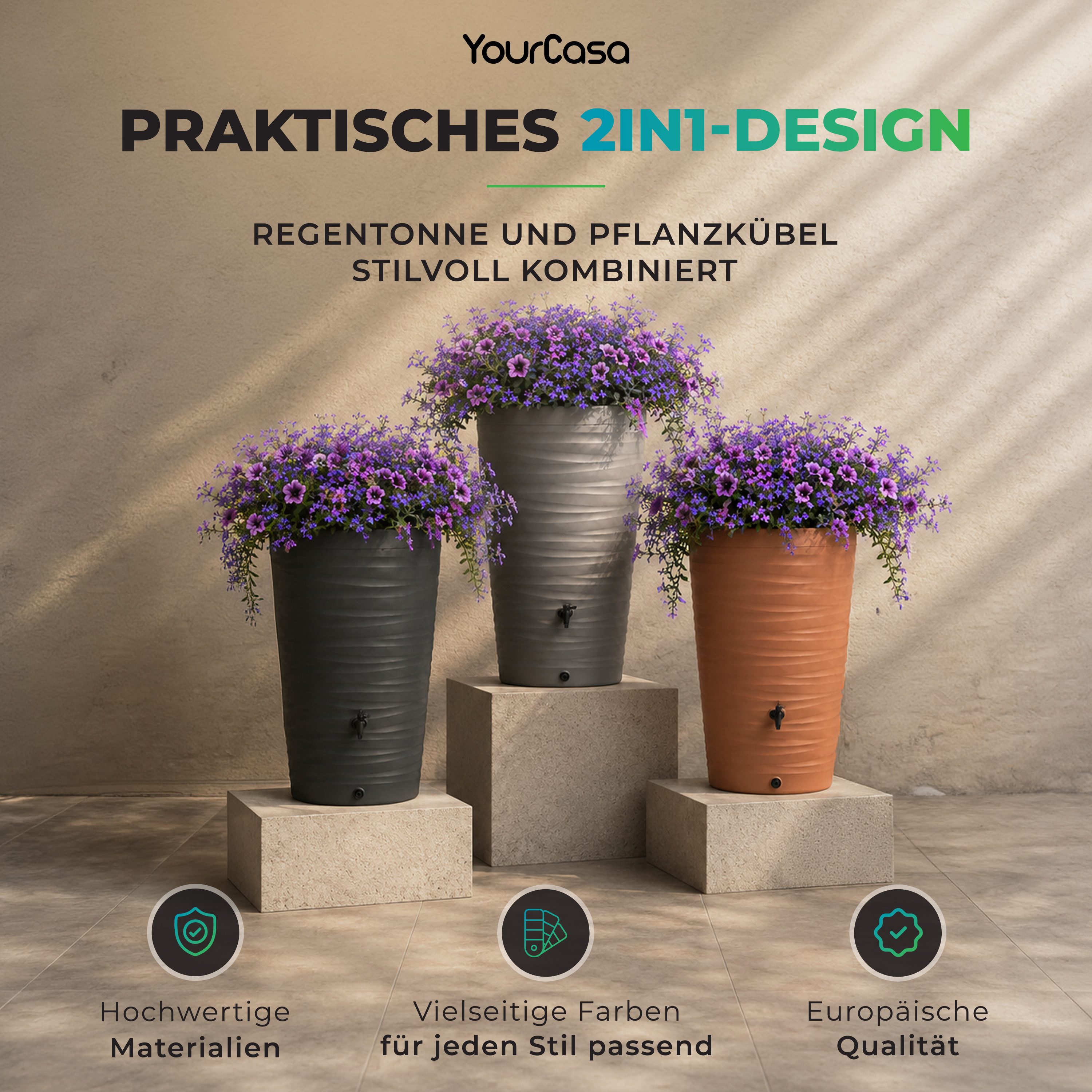 YourCasa Regentonne 240 Liter [Wave Design] Regenfass aus Kunststoff mit Wasserhahn, Bepflanzbar,240L,mit Wasserhahn
