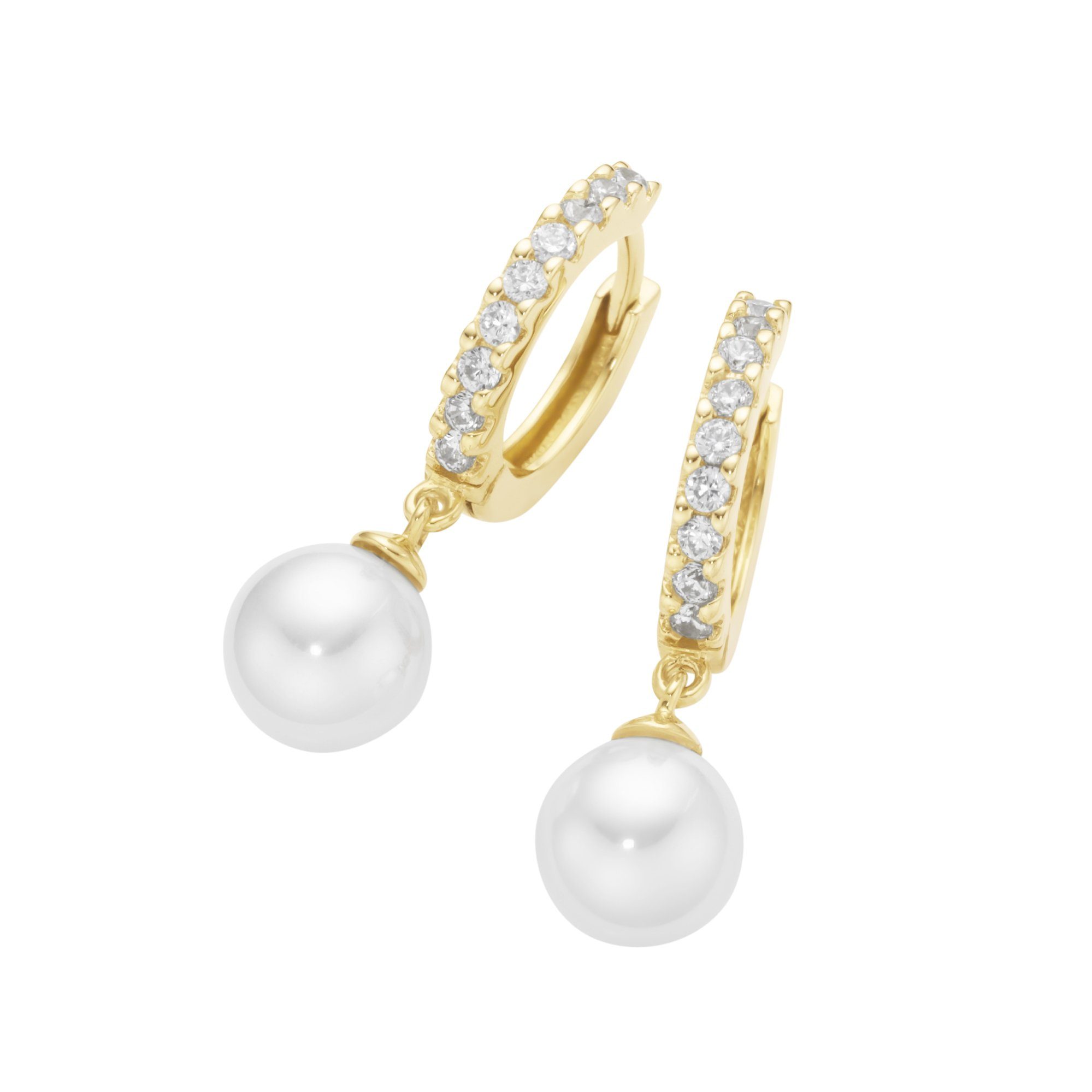 GIORGIO MARTELLO MILANO Perlenohrringe mit Zirkonia und Muschelkern-Perlen, gelb vergoldet, Silber 925