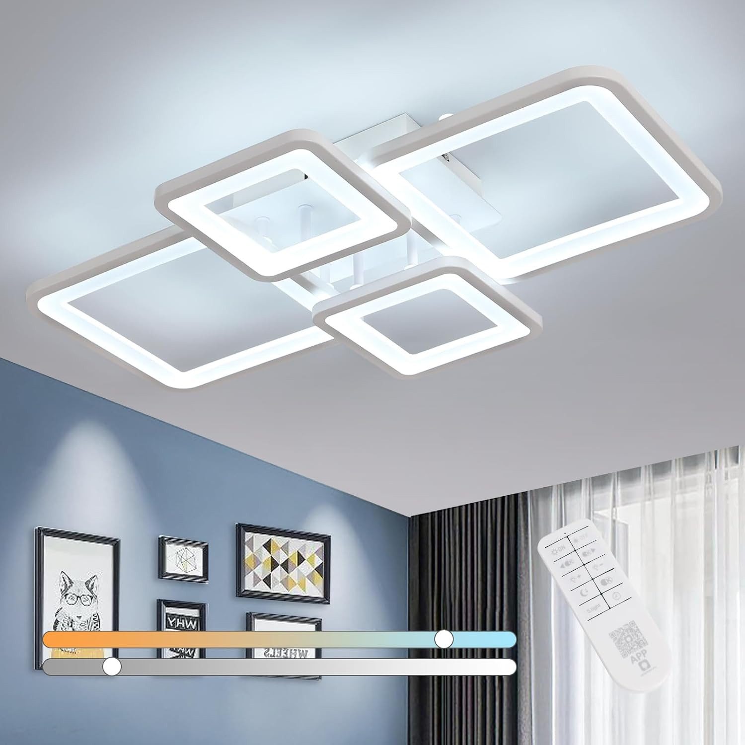 Riserva Deckenleuchten Quadratische LED Deckenleuchte Weiß 4x 54W dimmbar mit Fernbedienung, LED wechselbar