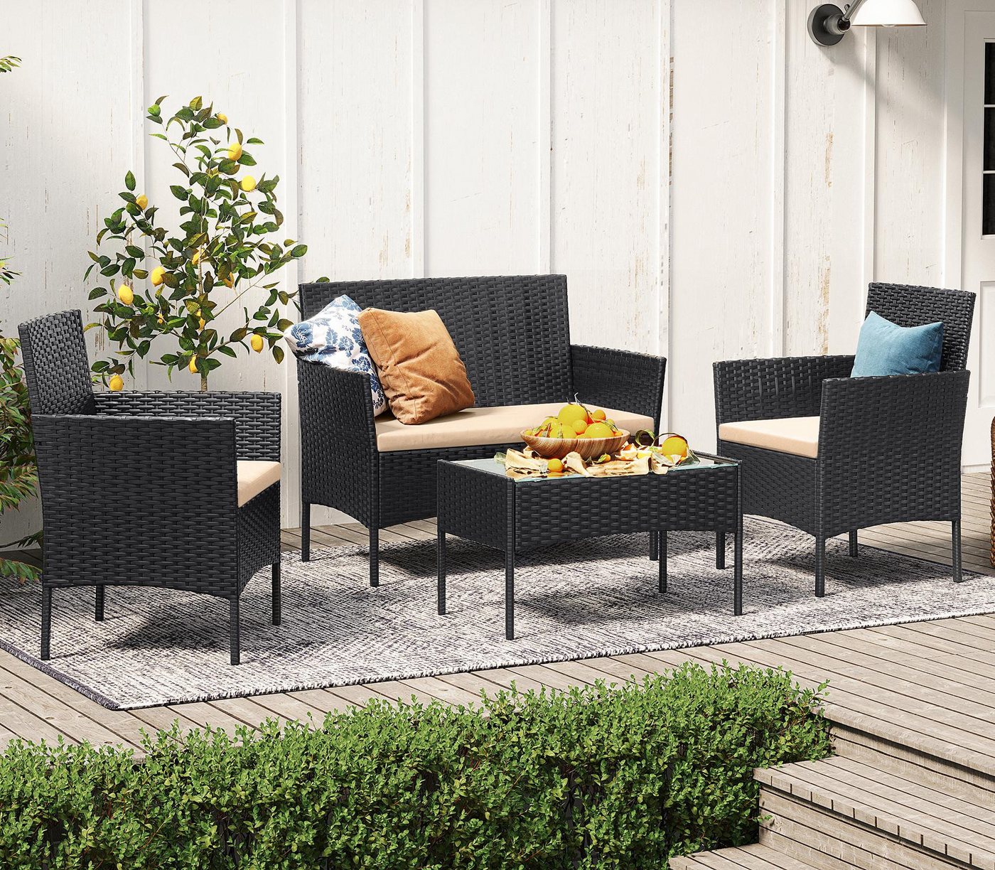 SONGMICS Gartenlounge-Set Balkonmöbel aus PE-Polyrattan, (4-tlg., 2 Gartenstuhl, 1 Sofa, 1 Gartentisch, mit Kissen), Balkonmöbel, Terrassenmöbel