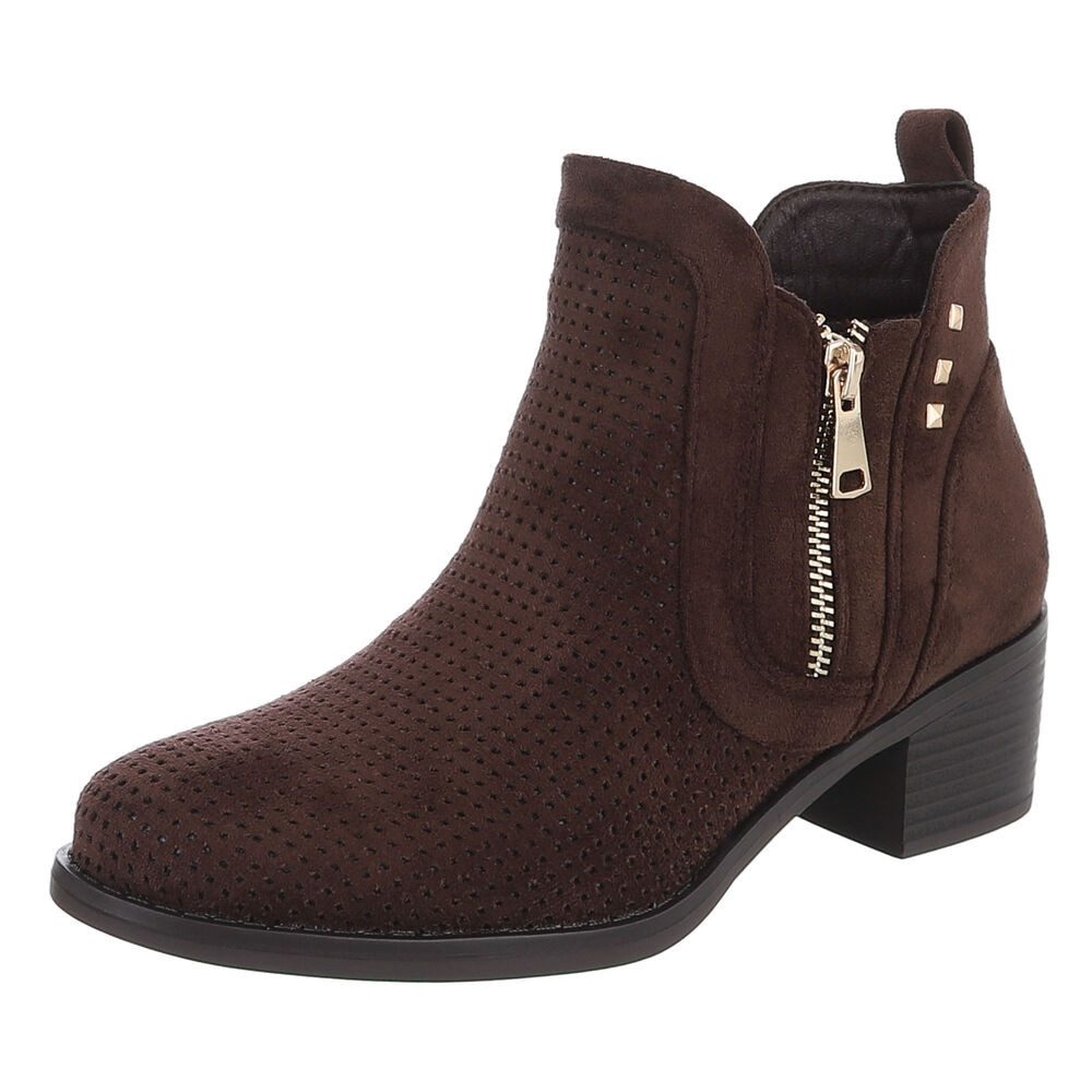 Ital-Design Modische Stiefelette mit Reißverschluss und Perforation Sommerboots (91261334) Blockabsatz Stiefeletten in Dunkelbraun