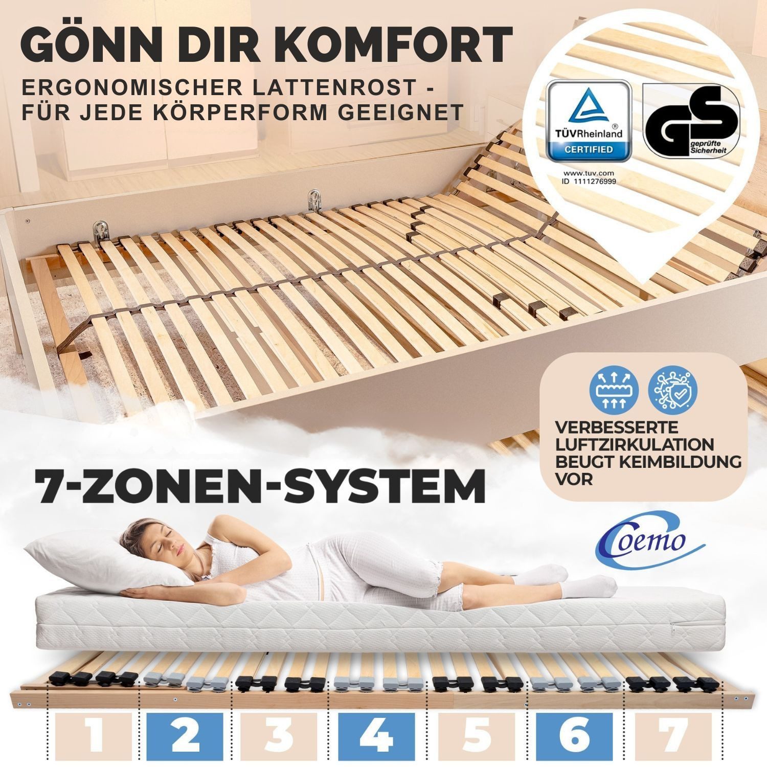 Lattenrost ERGO K, Coemo, Kopfteil manuell verstellbar, Fußteil nicht verstellbar, 140x200 cm 7 Zonen 28 Leisten Mittelband Härtegradeinstellung DIY