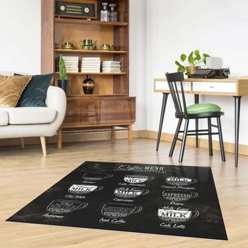 Teppich Küche Vinyl Innen Kaffeesorten Kreidetafel modern, Bilderdepot24, quadratisch - schwarz weiß glatt, nass wischbar (Küche, Tierhaare) - Saugroboter & Bodenheizung geeignet