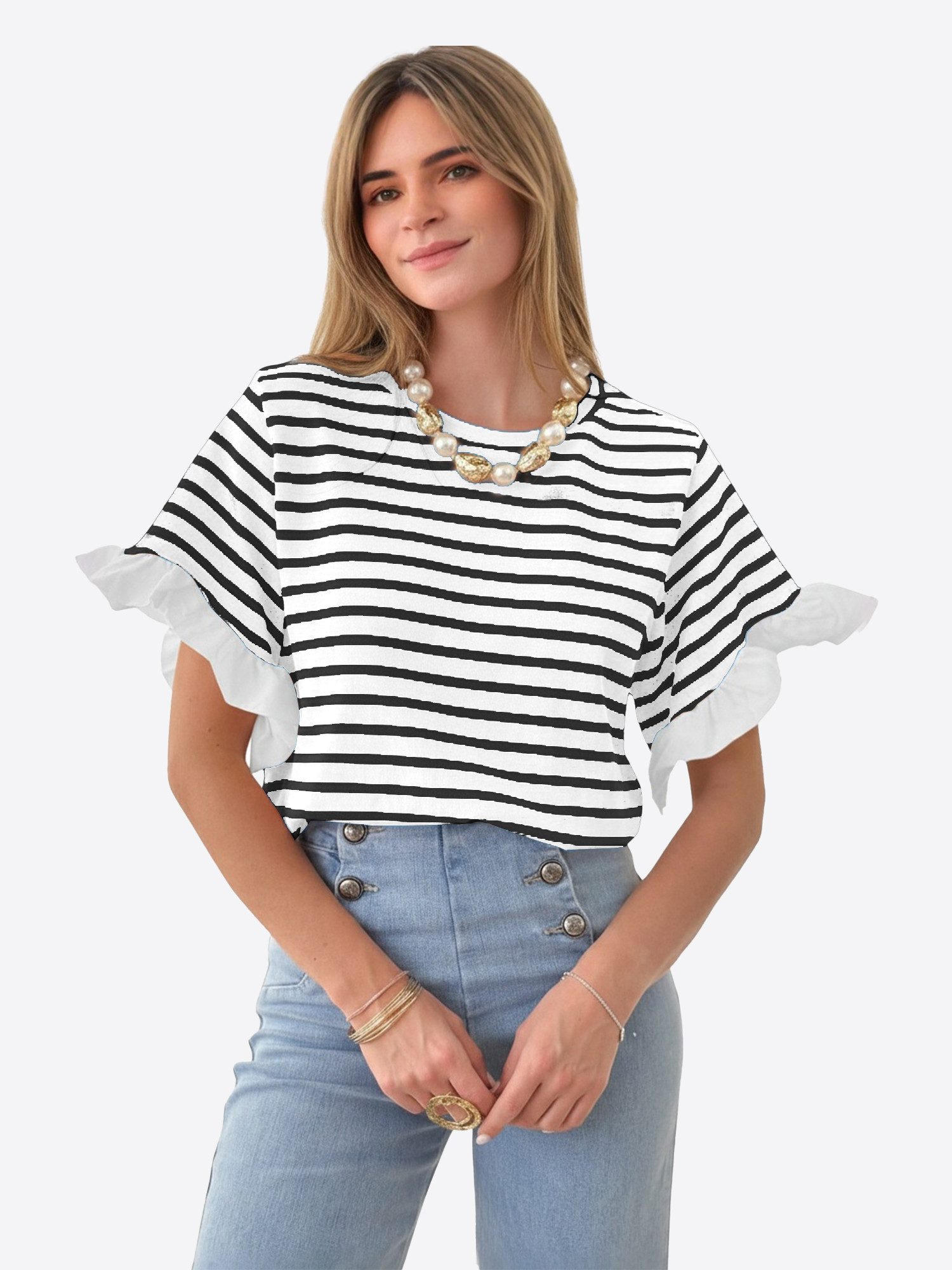 Imily Bela T-Shirt Damen Kurzarm Streifenmuster und Rüschenärmeln Casual Basic (Packung, 1-tlg., 1per-Pack) mit Rundhalsausschnitt