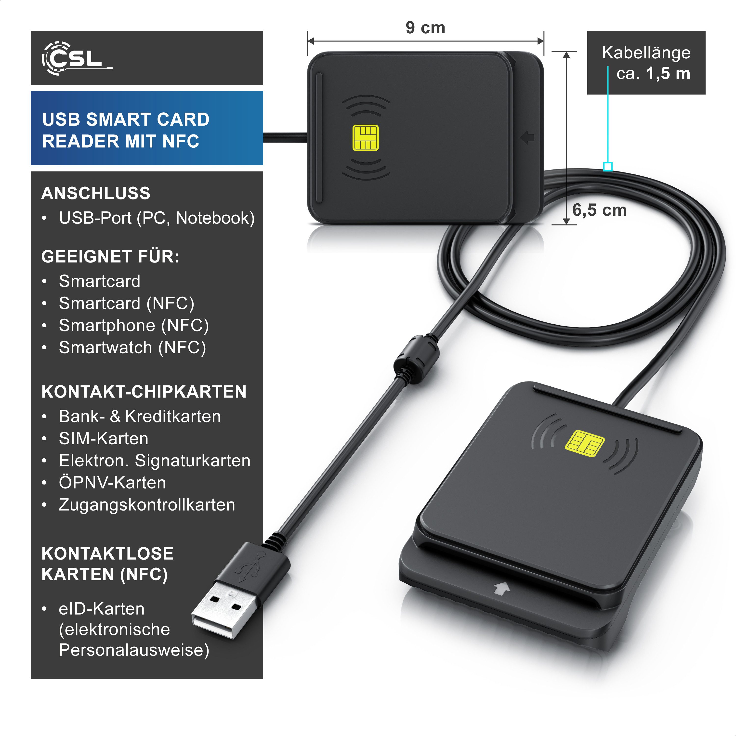 CSL Speicherkartenleser USB SmartCard Reader / Chipkartenleser, Dual mode: NFC & Kartenslot, Cardreader, Kartenlesegerät, kompatibel mit Mac OS X & Windows 7-11