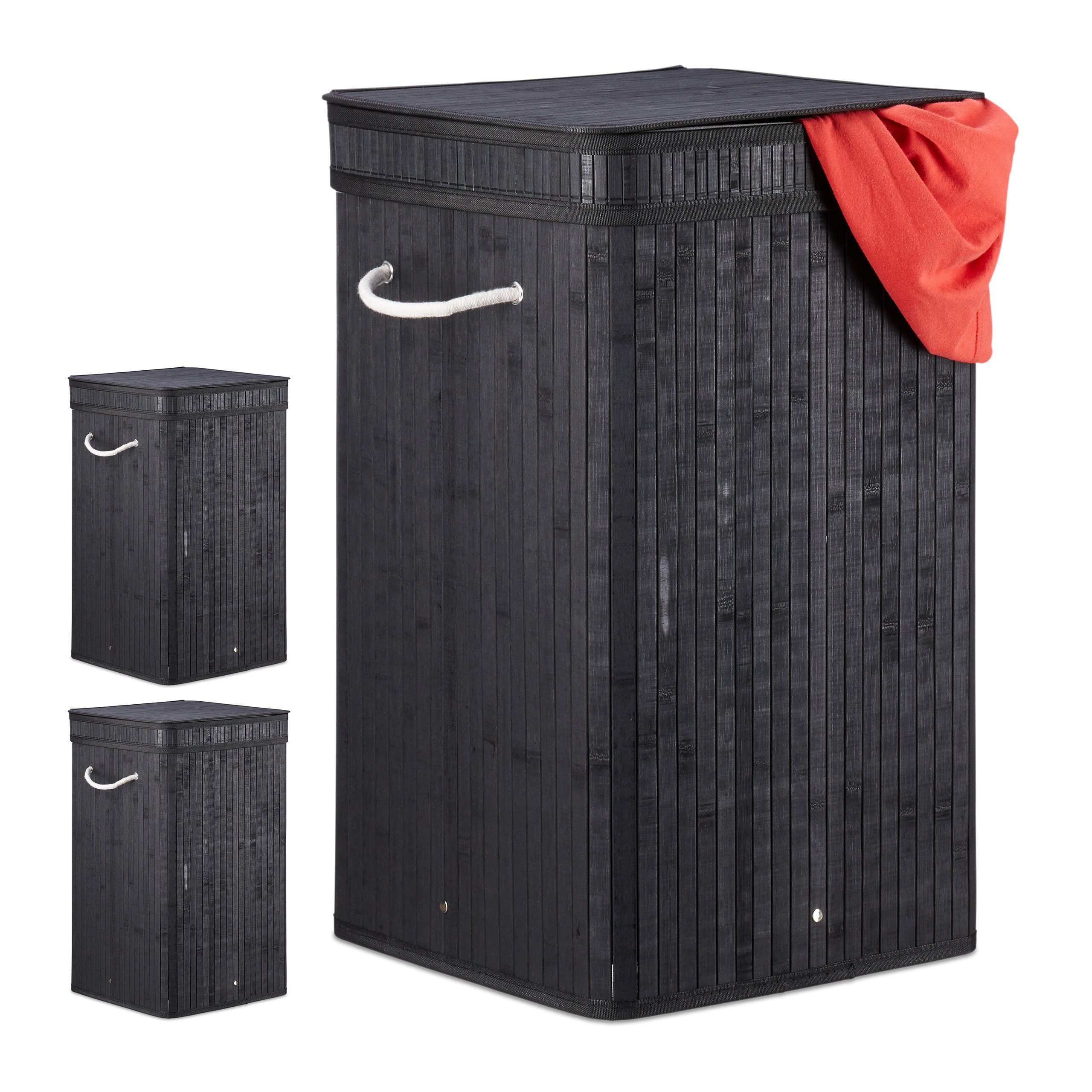 relaxdays Wäschekorb 3 x Faltbarer Wäschekorb Bambus schwarz | Wäschekörbe
