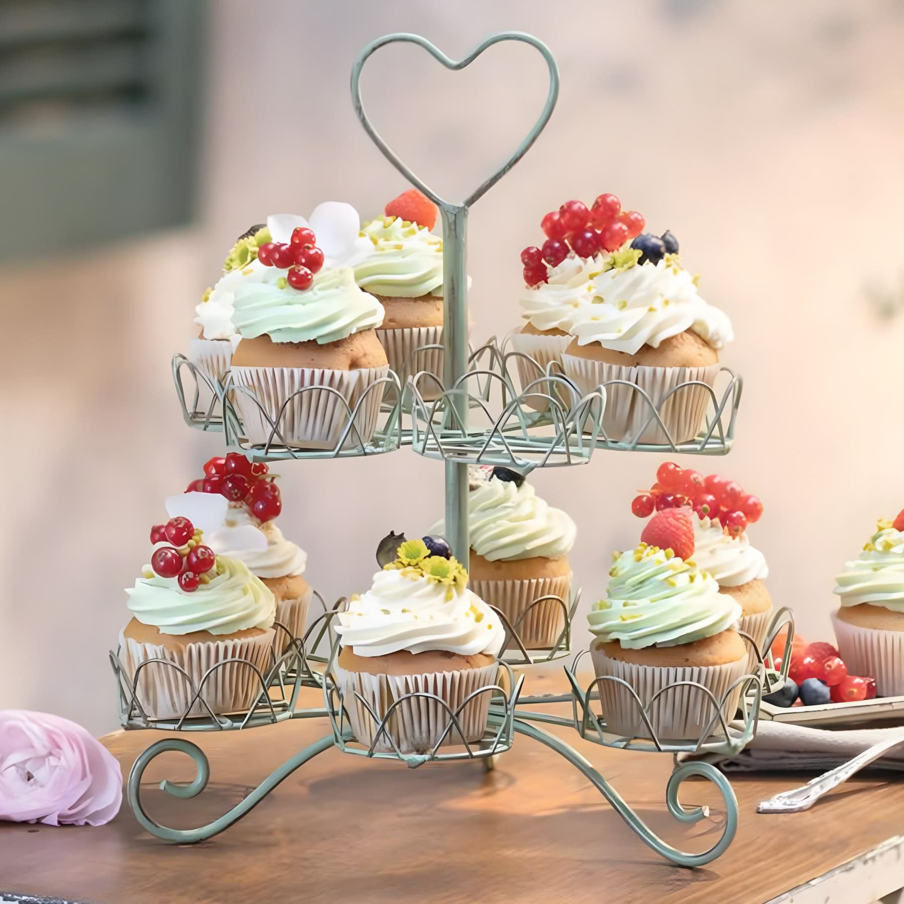 Dekoleidenschaft Etagere "Vintage" Metall Cupcake Ständer grün, Muffin Ständer, 2 Etagen für 12, Törtchen, mit Antik Finish