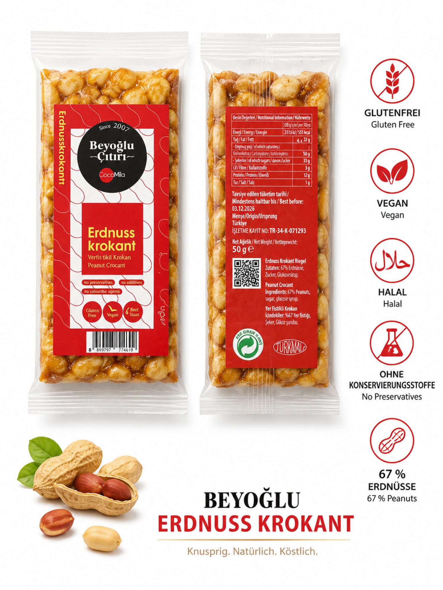 Beyoglucitiri Cerealien Erdnuss Krokant 50 g, 1 x, Mit 67 % Erdnüssen Glutenfrei Ohne Konservierungsstoffe Knusprig