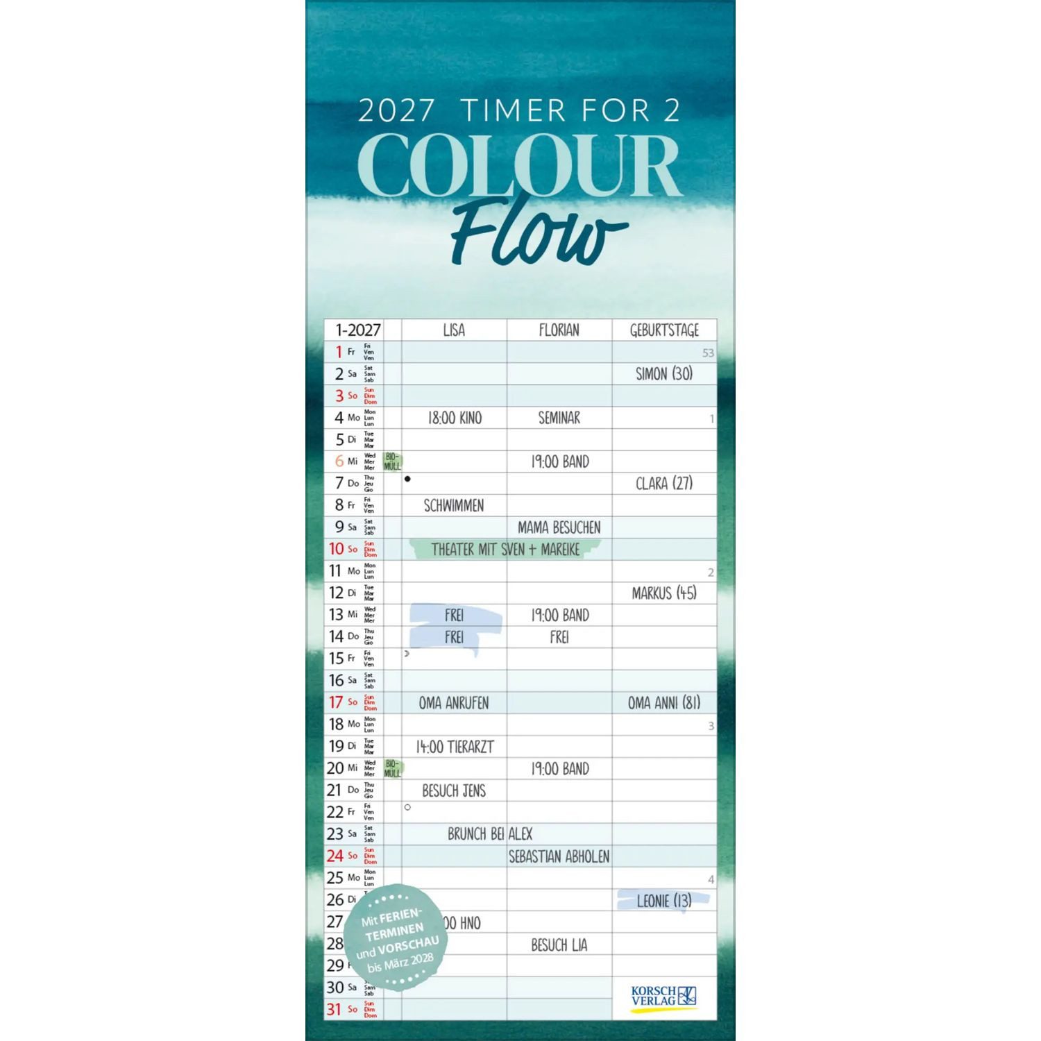 Korsch Verlag Familienkalender Timer for 2 Colourflow 2027
