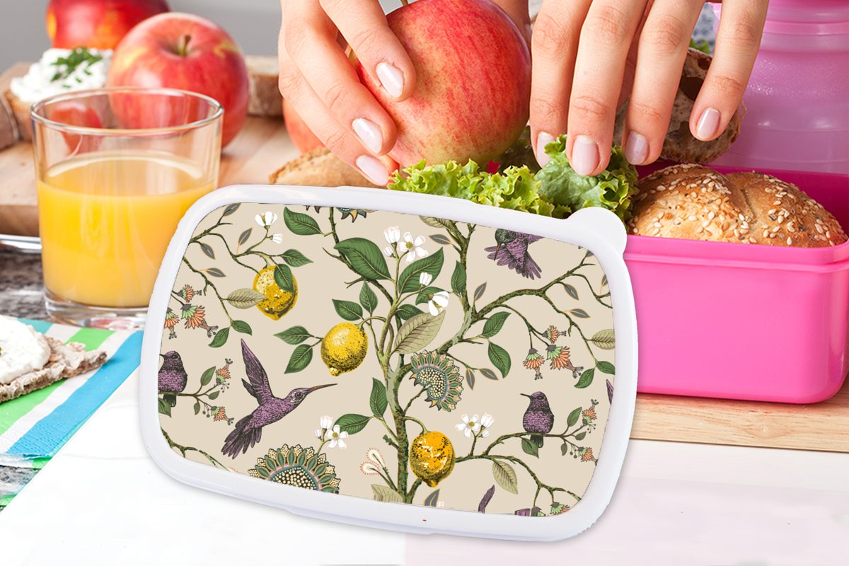 Lunchbox - Erwachsene, MuchoWow Vogel - Brotbox (2-tlg), rosa Kunststoff, Kunststoff für Pflanzen Snackbox, Kinder, Brotdose - Obst, Mädchen, Muster