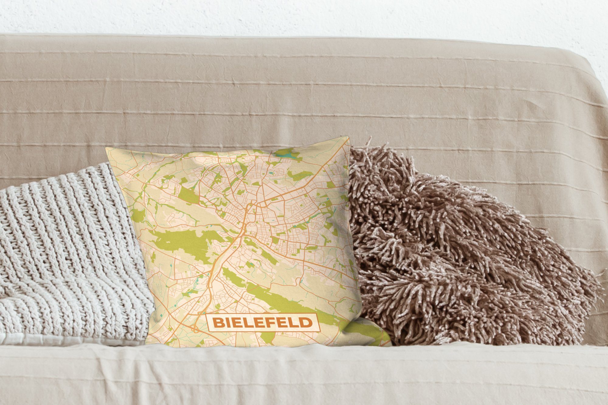 Dekokissen - Vintage Zierkissen - Wohzimmer, für MuchoWow - Karte Karte, - Bielefeld Stadtplan Füllung Deko, Sofakissen Schlafzimmer, mit