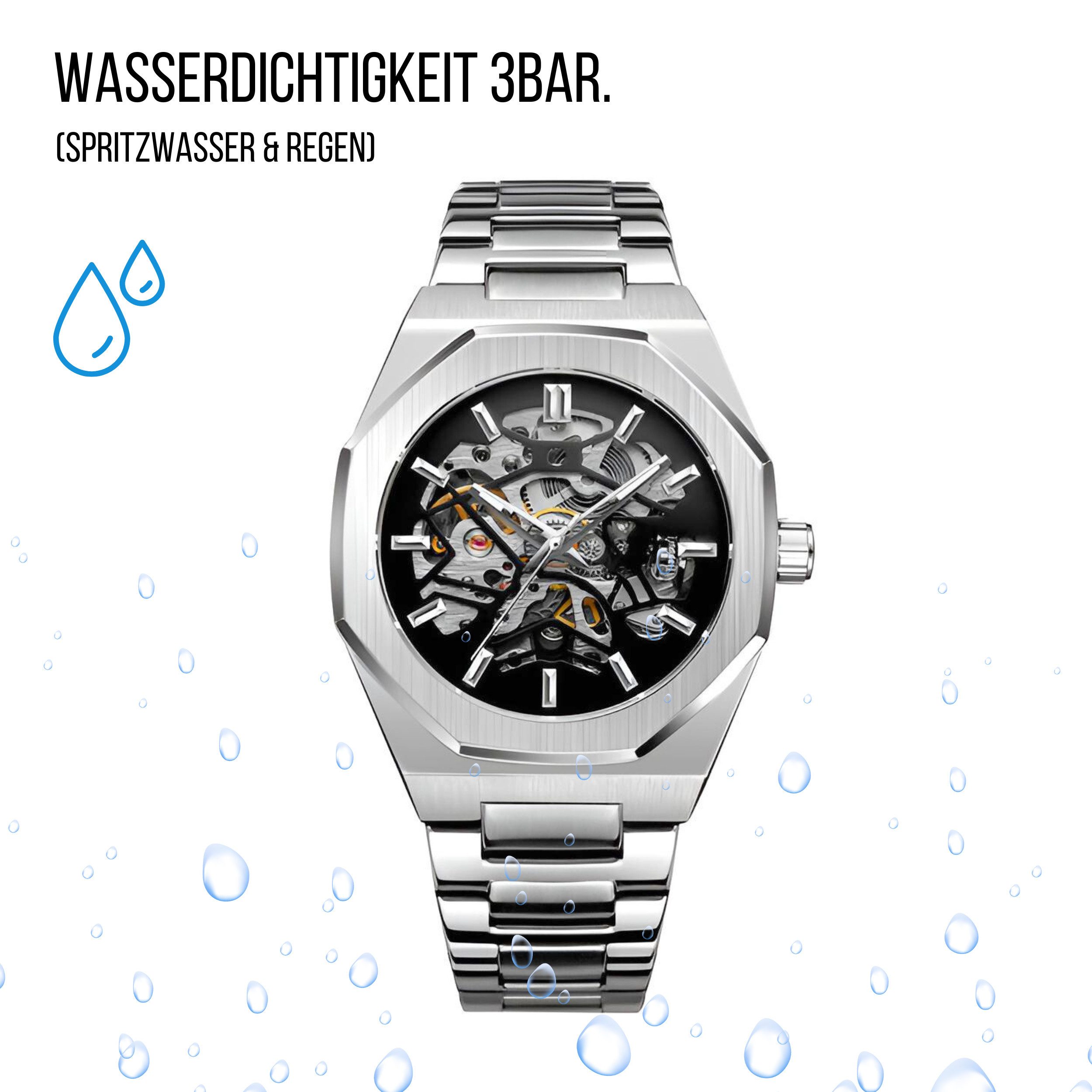 S&T Design Automatikuhr Mechanische Uhr Skelett Edelstahl, (inkl. Uhrenetui, und Armbandkürzer), Automatik Armbanduhr für Herren, Achteckig, Wasserdicht, Transparent